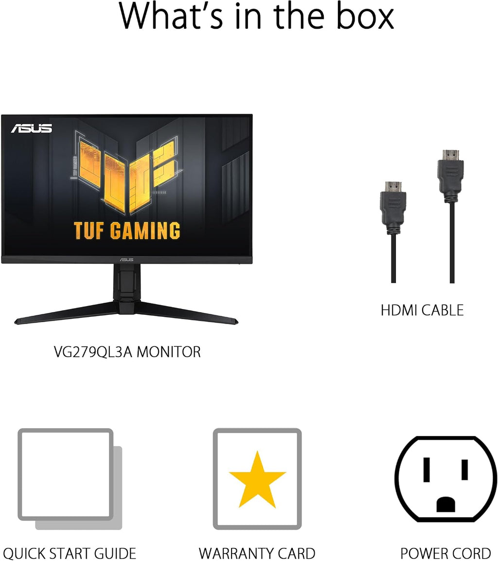 ASUS TUF Gaming 27' 1080P Monitor (VG279QL3A) - Full HD, 180Hz, 1ms, Fast IPS, Extreme Low Motion Blur, FreeSync Premium, G-SYNC Compatible, Speakers, DisplayPort, Height Adjustable, 3 Year Warranty