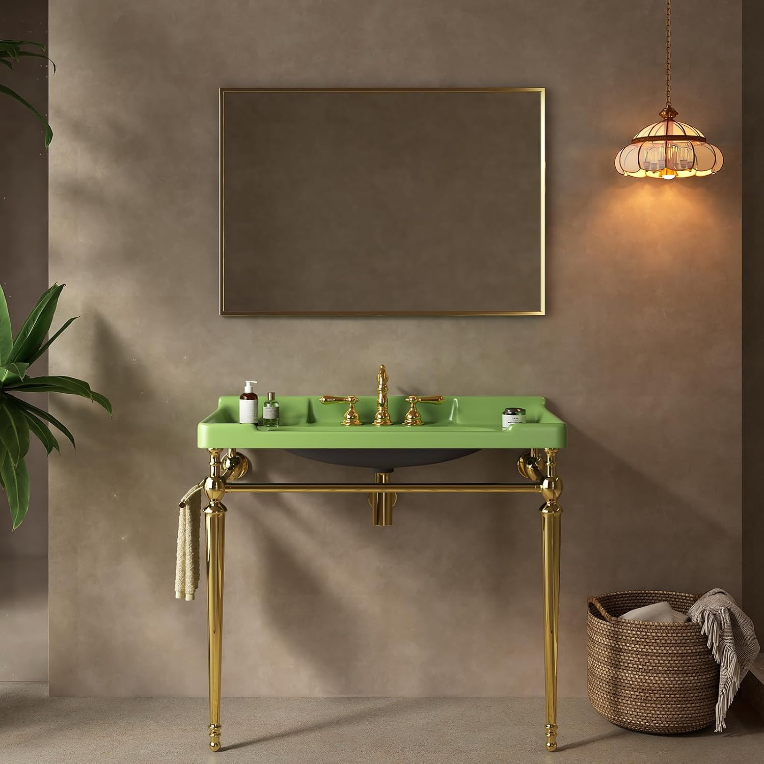 36'' Console Bathroom Sink, Freestanding Console Sink With Stainless Brushed Gold Legs, Modern Bathroom Sink Vanity with 3 Tap Holes and Pop Up Drain, Green