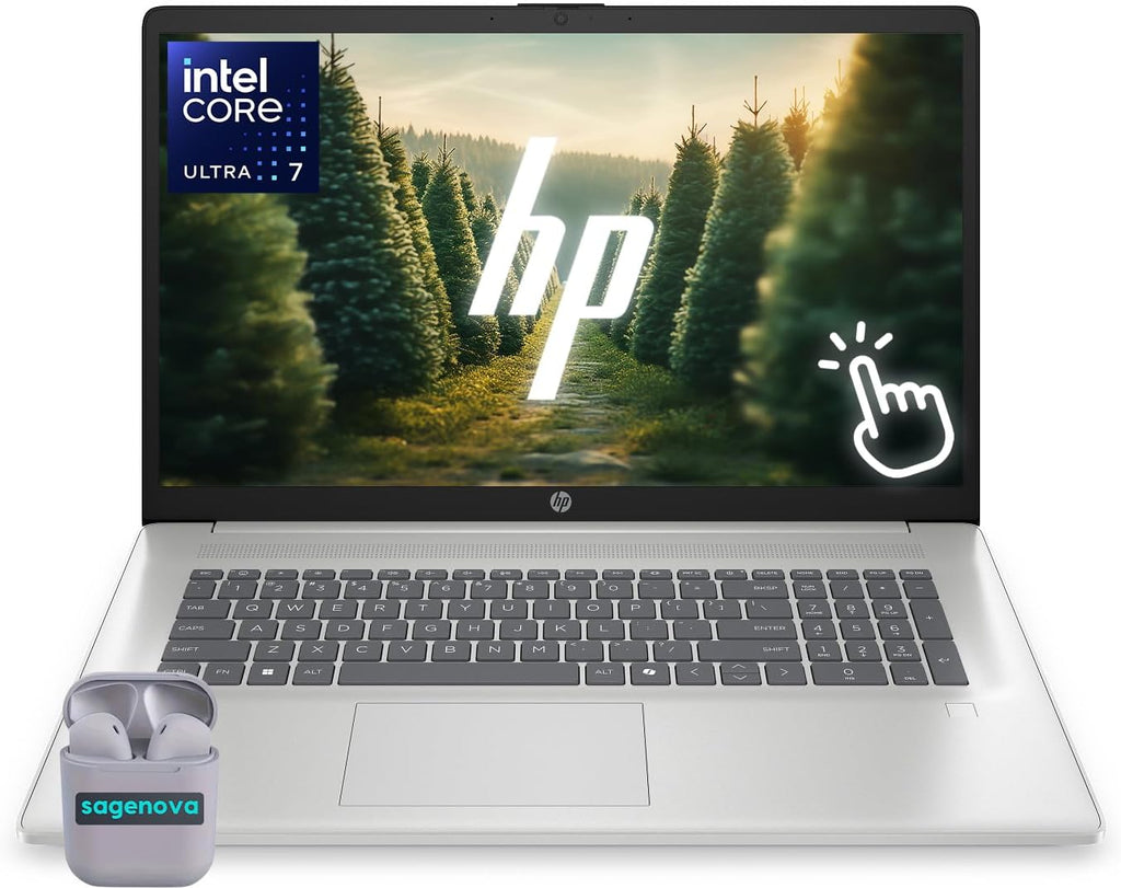 HP Touchscreen Laptop, 17.3' Business Laptop Computer, Windows 11, 32GB RAM 1TB SSD, Intel Core Ultra 7 255U, HD+ Display, Fingerprint Reader, Backlit Keyboard, SageNova Earphones, Silver