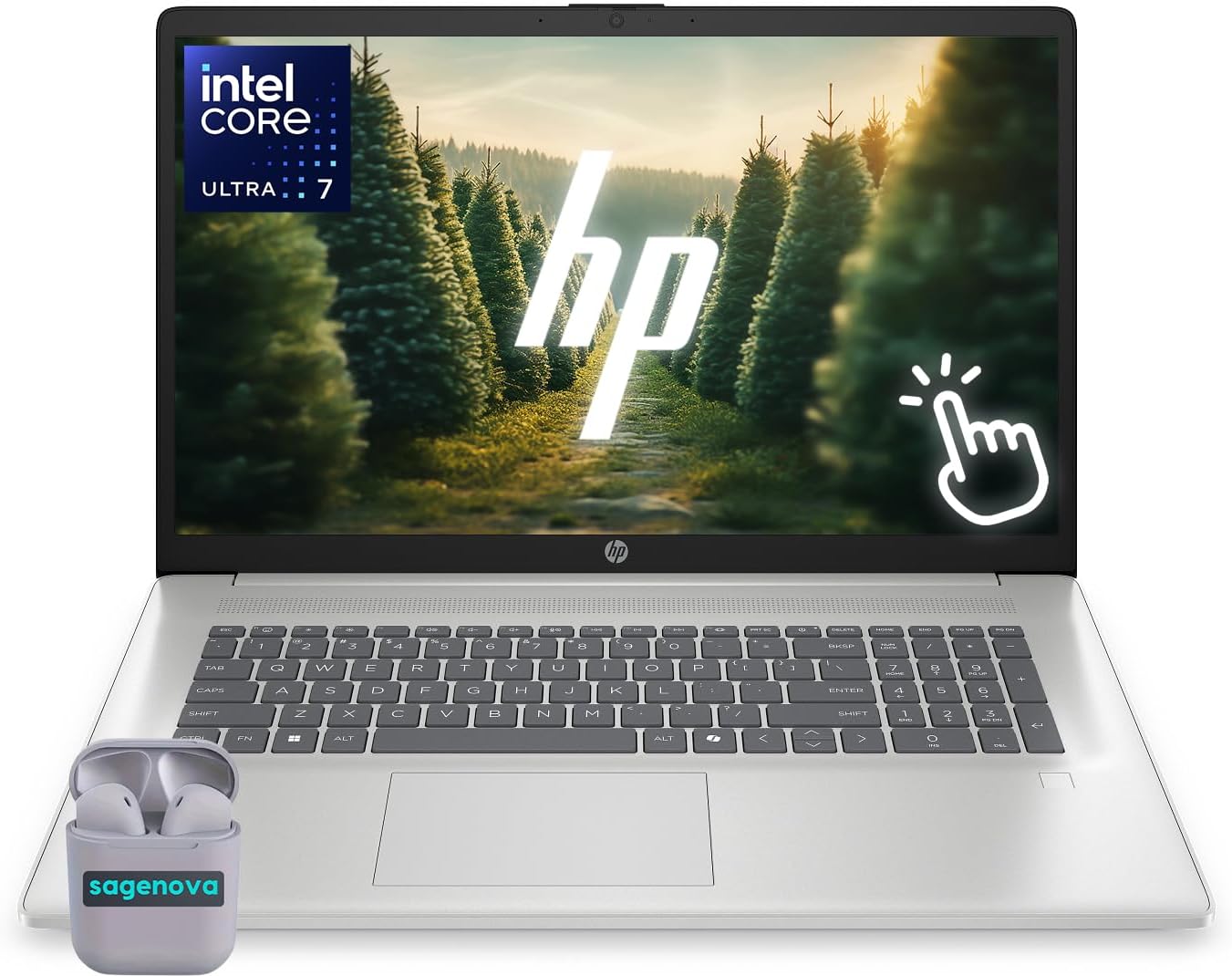 HP Touchscreen Laptop, 17.3' Business Laptop Computer, Windows 11, 32GB RAM 1TB SSD, Intel Core Ultra 7 255U, HD+ Display, Fingerprint Reader, Backlit Keyboard, SageNova Earphones, Silver