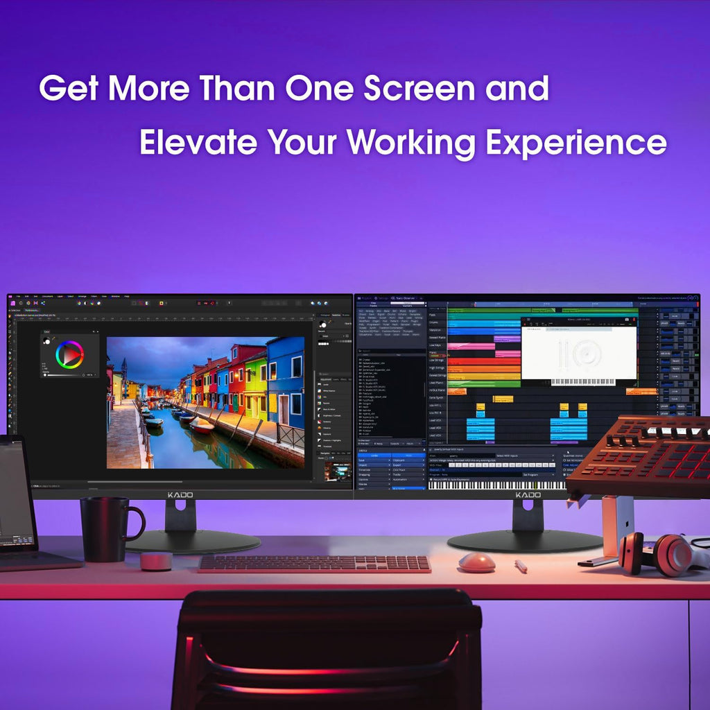Kado Dual Monitor Setup - 2-Pack 24' 1920x1080 Computer Monitor 75Hz VESA Mount HDMI Office Gaming Hybrid Multitasking Daytrading Built-in Speakers