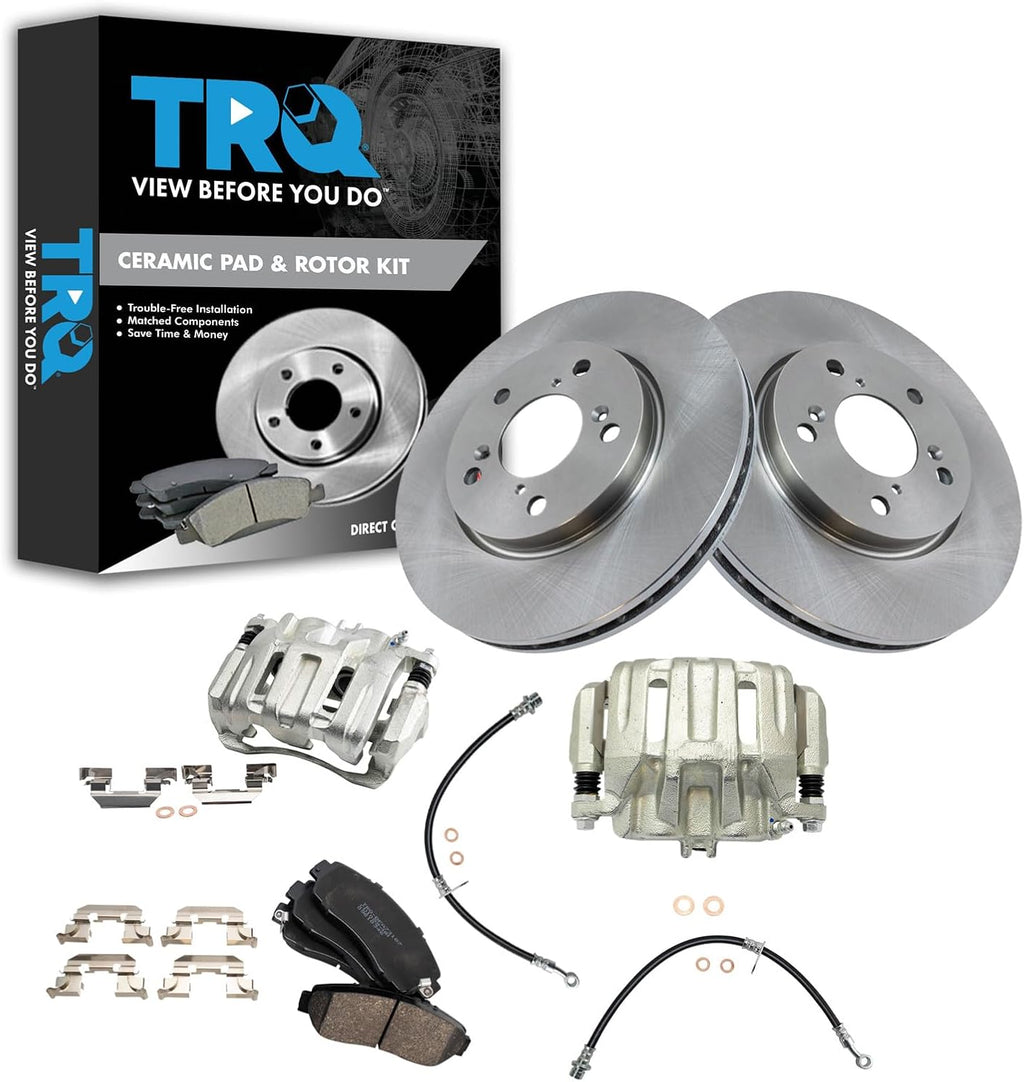 TRQ Front Brake Pad and Rotor Set Ceramic Rotors Calipers Hoses Compatible with 2005-2010 Honda Odyssey