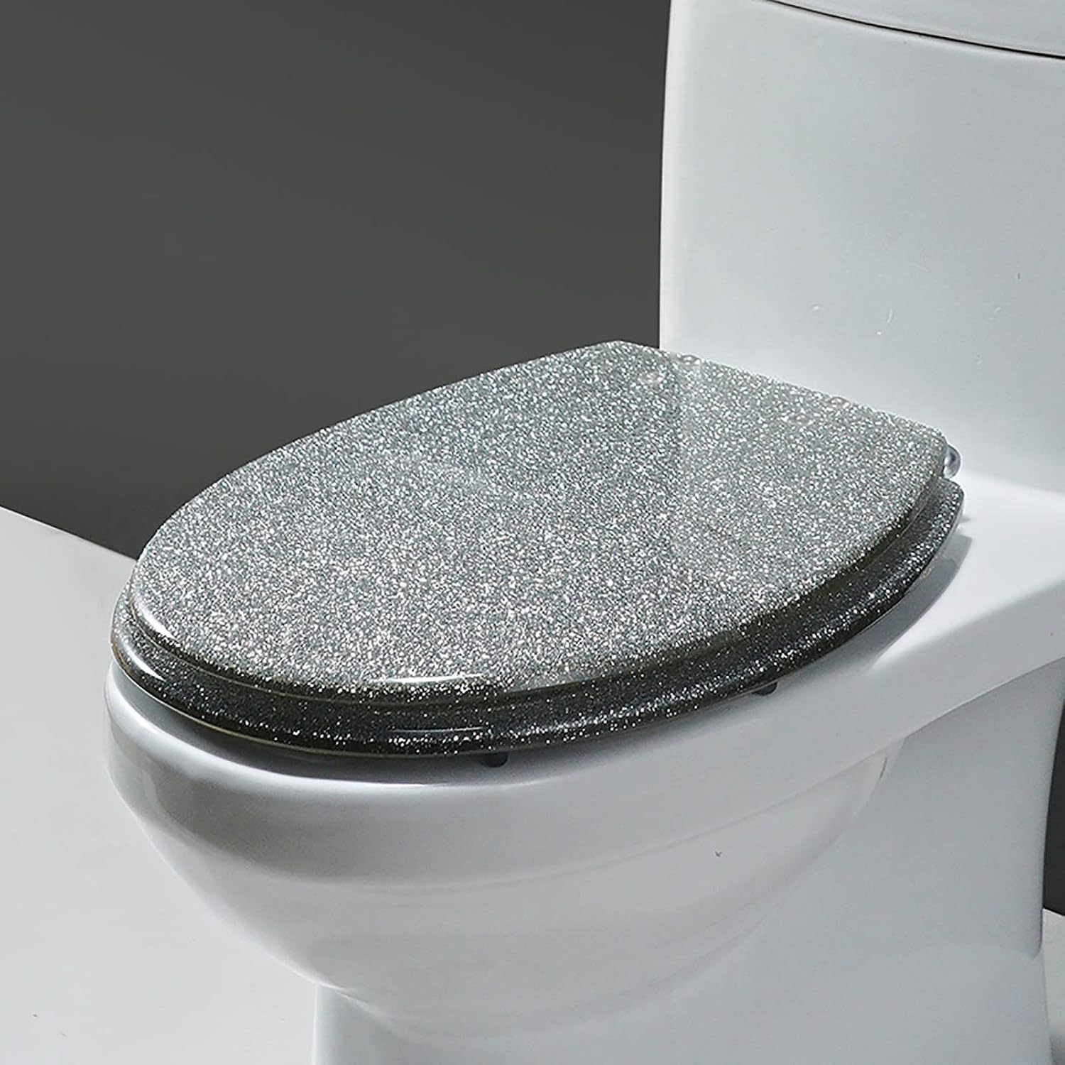 Slow Close Toilet Seat Thicken Toilet Seat Cover, Sparkly Resin Toilet Seat, Toilet Seat, Slow Close Bathroom Toilet Lid, Easy To Clean & Install,Silver,Silver,Silver