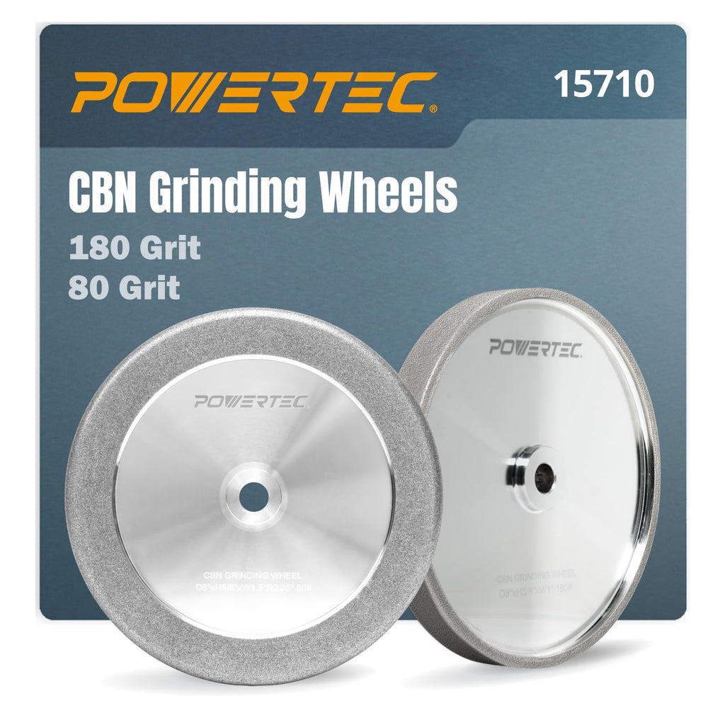 POWERTEC CBN Grinding Wheel 8 Inch, 5/8' Arbor, 8' x 1' Wide 180 Grit Bench Grinder Wheel & 8' x 1-1/2' Wide 80 Grit, 4-in-1 CBN Sharpening Wheel w/ 1/4' Radius Edge and Side Face - 2PK (15710)