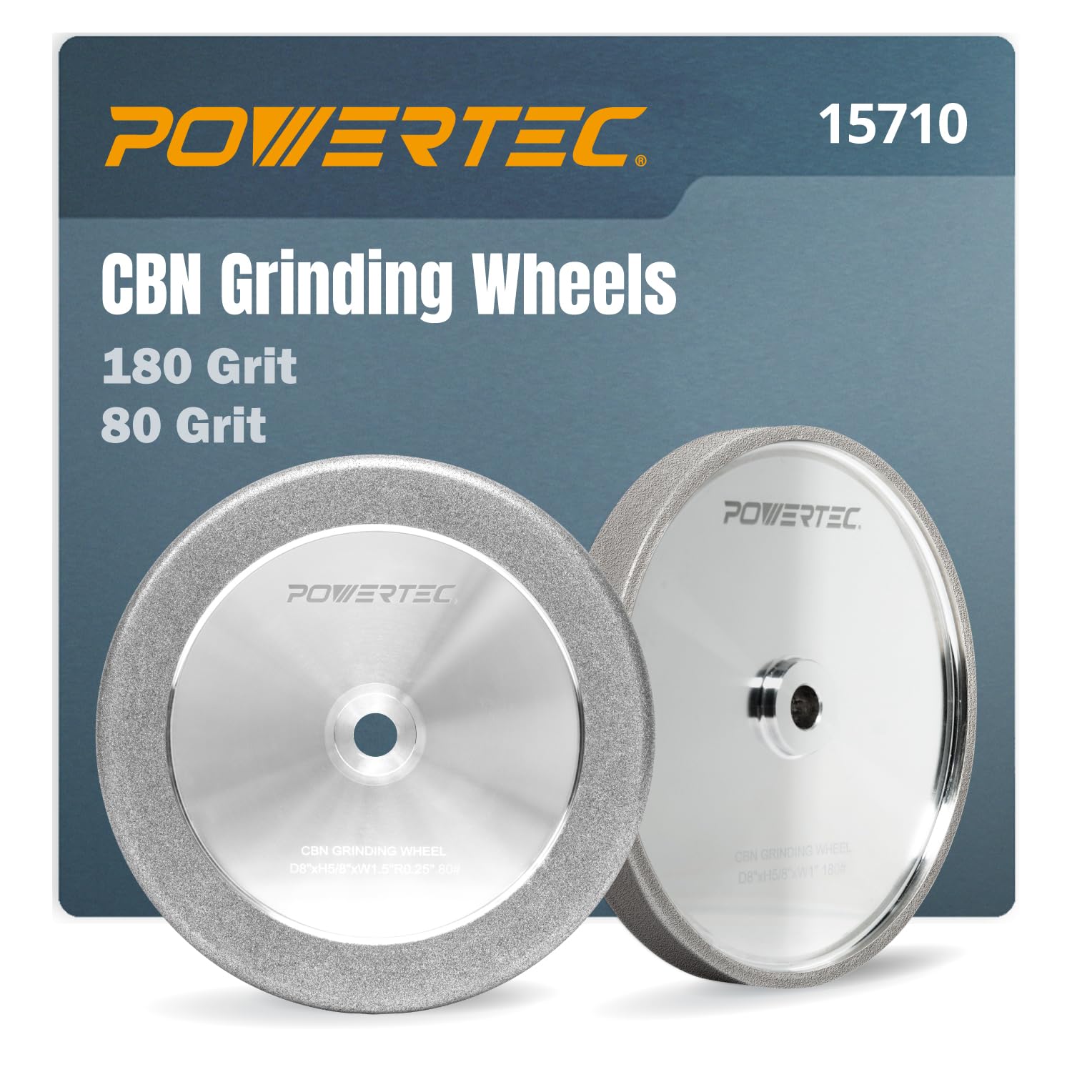POWERTEC CBN Grinding Wheel 8 Inch, 5/8' Arbor, 8' x 1' Wide 180 Grit Bench Grinder Wheel & 8' x 1-1/2' Wide 80 Grit, 4-in-1 CBN Sharpening Wheel w/ 1/4' Radius Edge and Side Face - 2PK (15710)