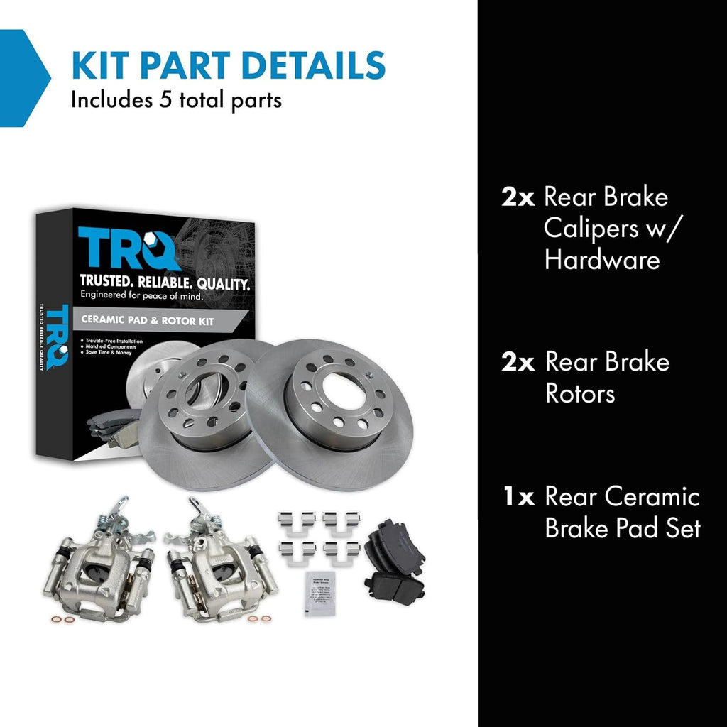 TRQ Rear Brake Pad and Rotor Set Ceramic Solid Rotors Calipers Compatible with 2010 Audi A3 A3 Quattro