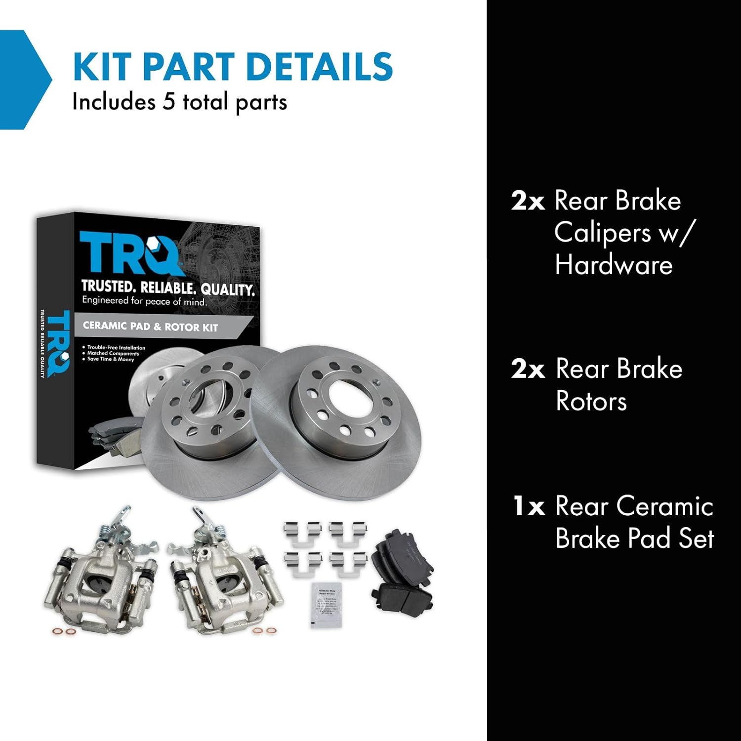 TRQ Rear Brake Pad and Rotor Set Ceramic Solid Rotors Calipers Compatible with 2010 Audi A3 A3 Quattro