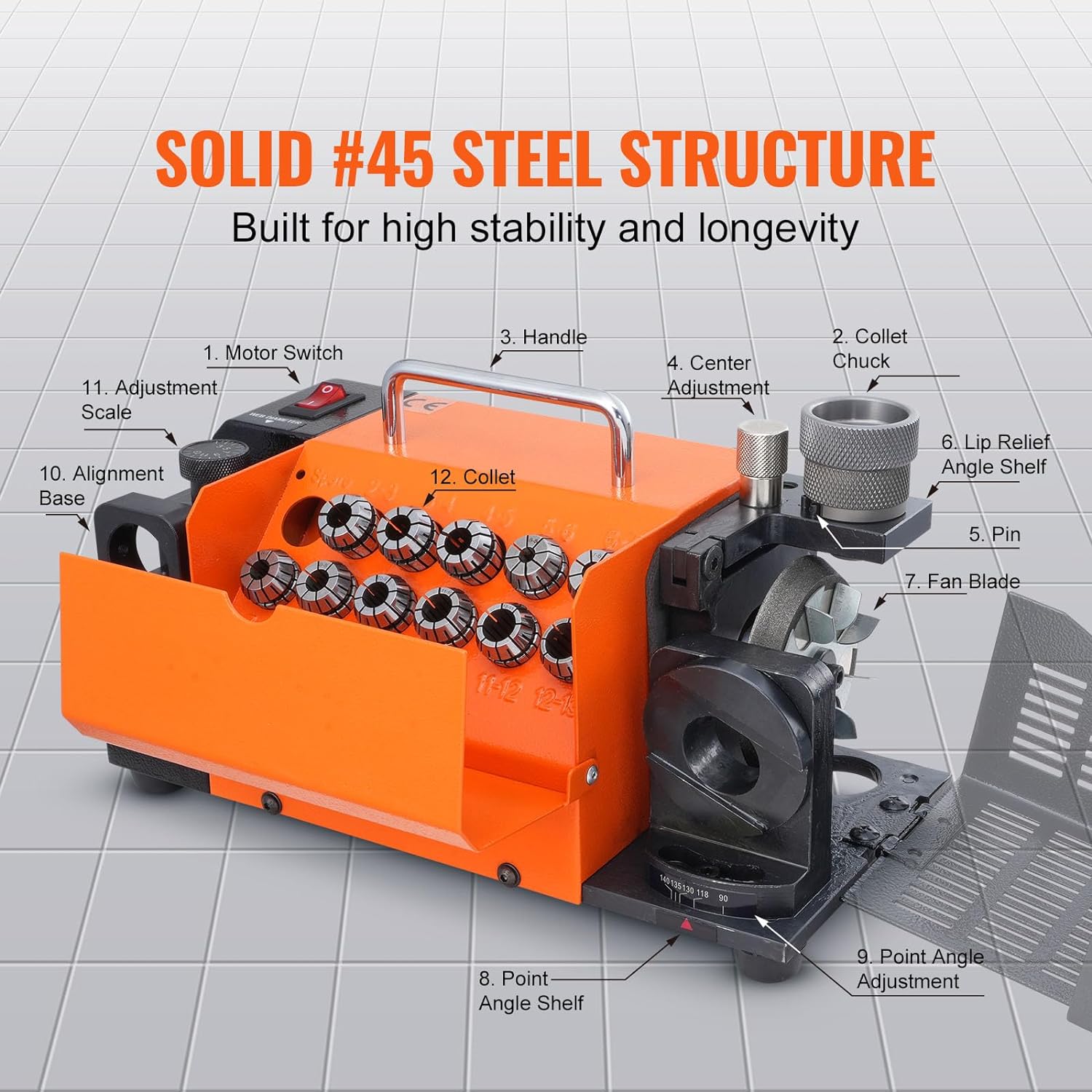 VEVOR Drill Bits Sharpener, MR-13A Drill Bits Grinder Sharpener 3-13mm, 95° to 135° Point Angle Adjustable Drill Bit Re-Sharpener, Portable Bits Sharpening Machine with 11 Collets, CBN Wheel for HSS