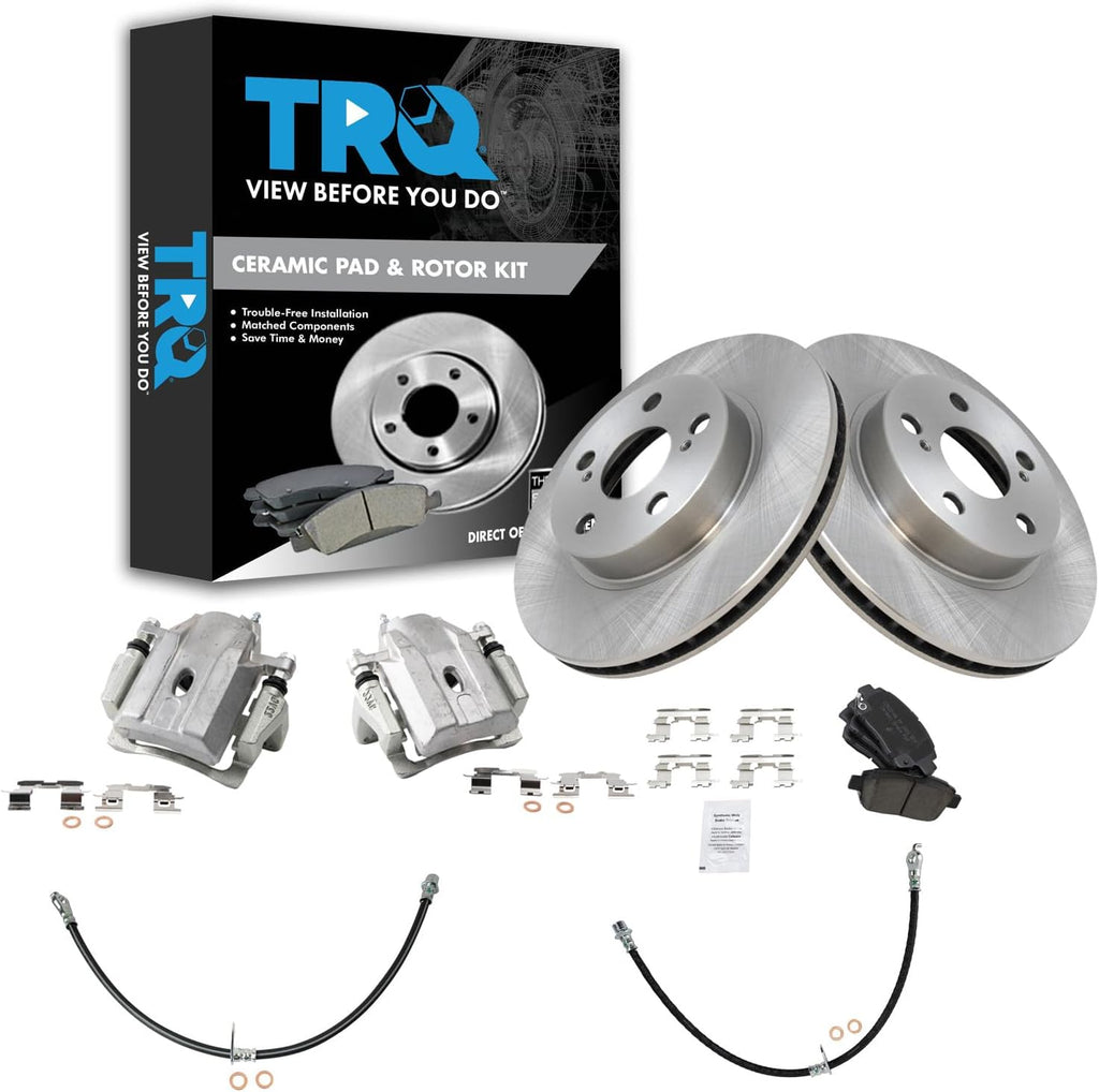 TRQ Front Brake Pad and Rotor Set Ceramic Rotors Calipers Hoses Compatible with 2004-2009 Toyota Prius