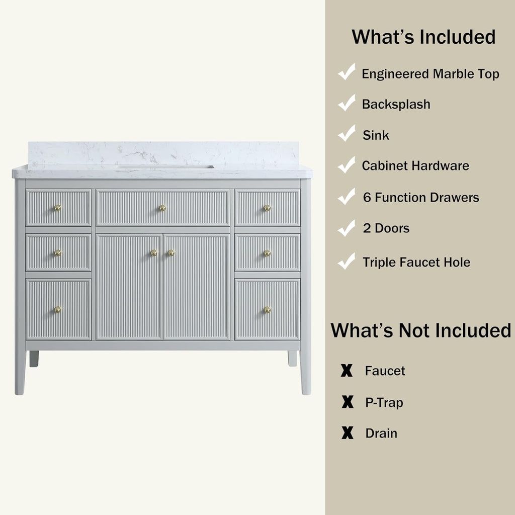 48' Grey American Design Bathroom Vanity with Engineered Marble Top - Solid Rubber Wood, 6 Drawers, 2 Soft Close Doors, White Square Sink - Freestanding Single Sink, Light Grey
