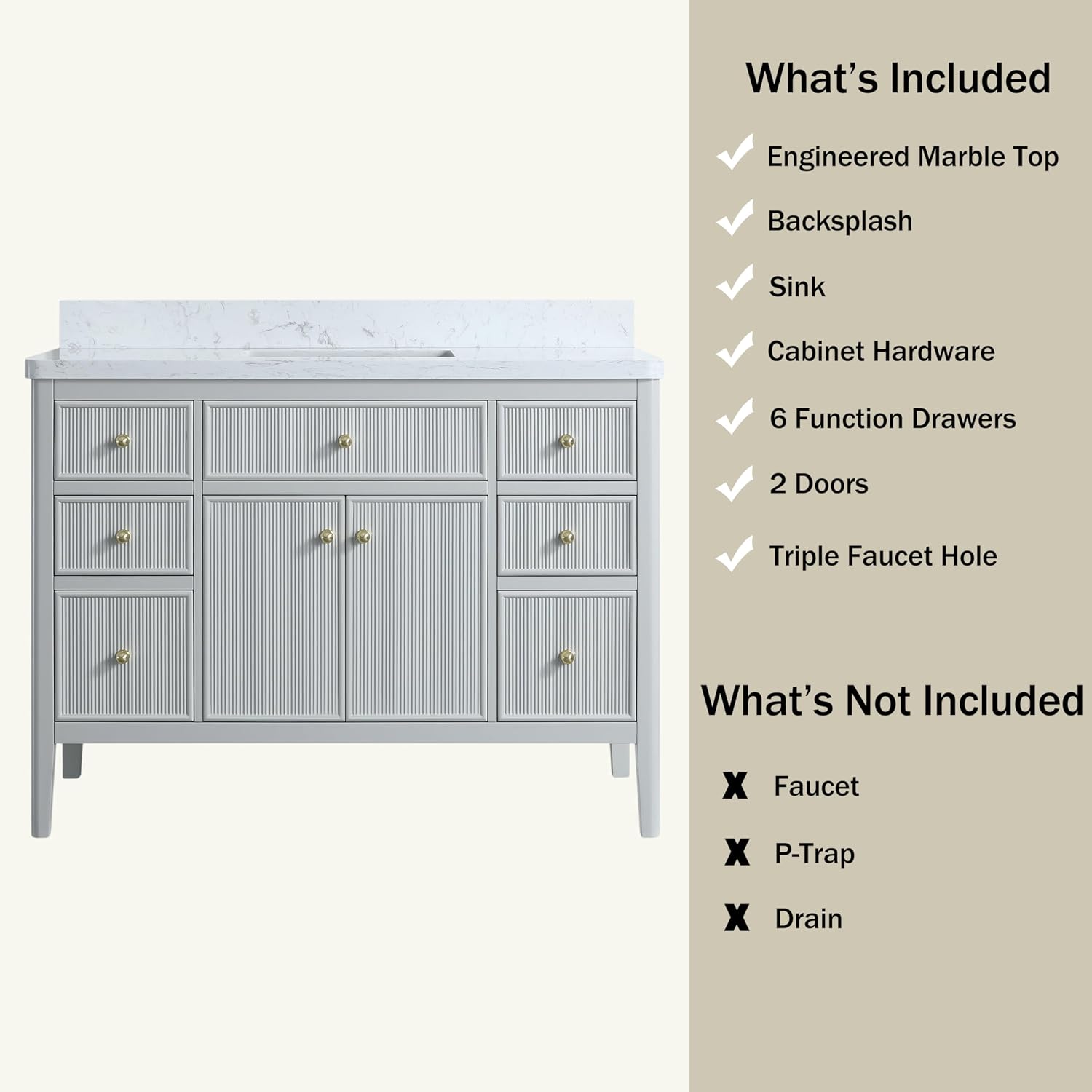 48' Grey American Design Bathroom Vanity with Engineered Marble Top - Solid Rubber Wood, 6 Drawers, 2 Soft Close Doors, White Square Sink - Freestanding Single Sink, Light Grey