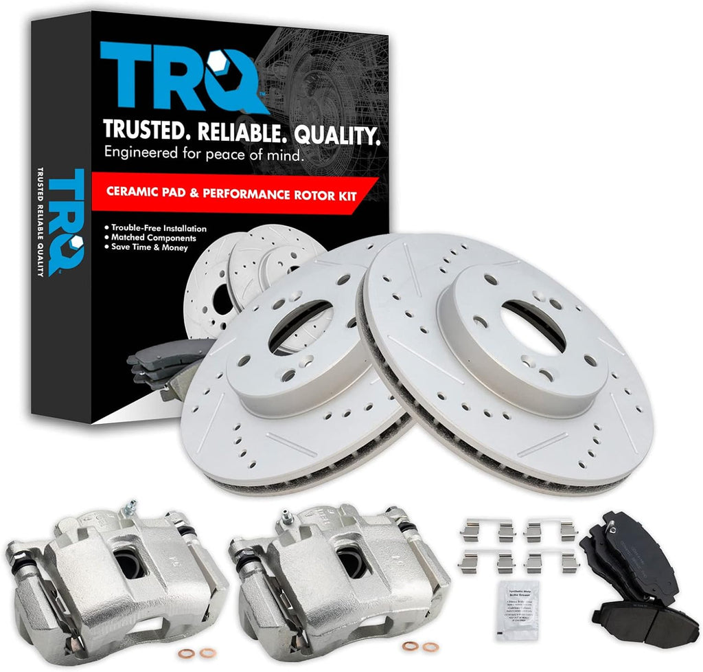 TRQ Performance Front Brake Pad and Rotor Set Ceramic Vented Coated Rotors Calipers Compatible with 2003-2004 Honda Accord