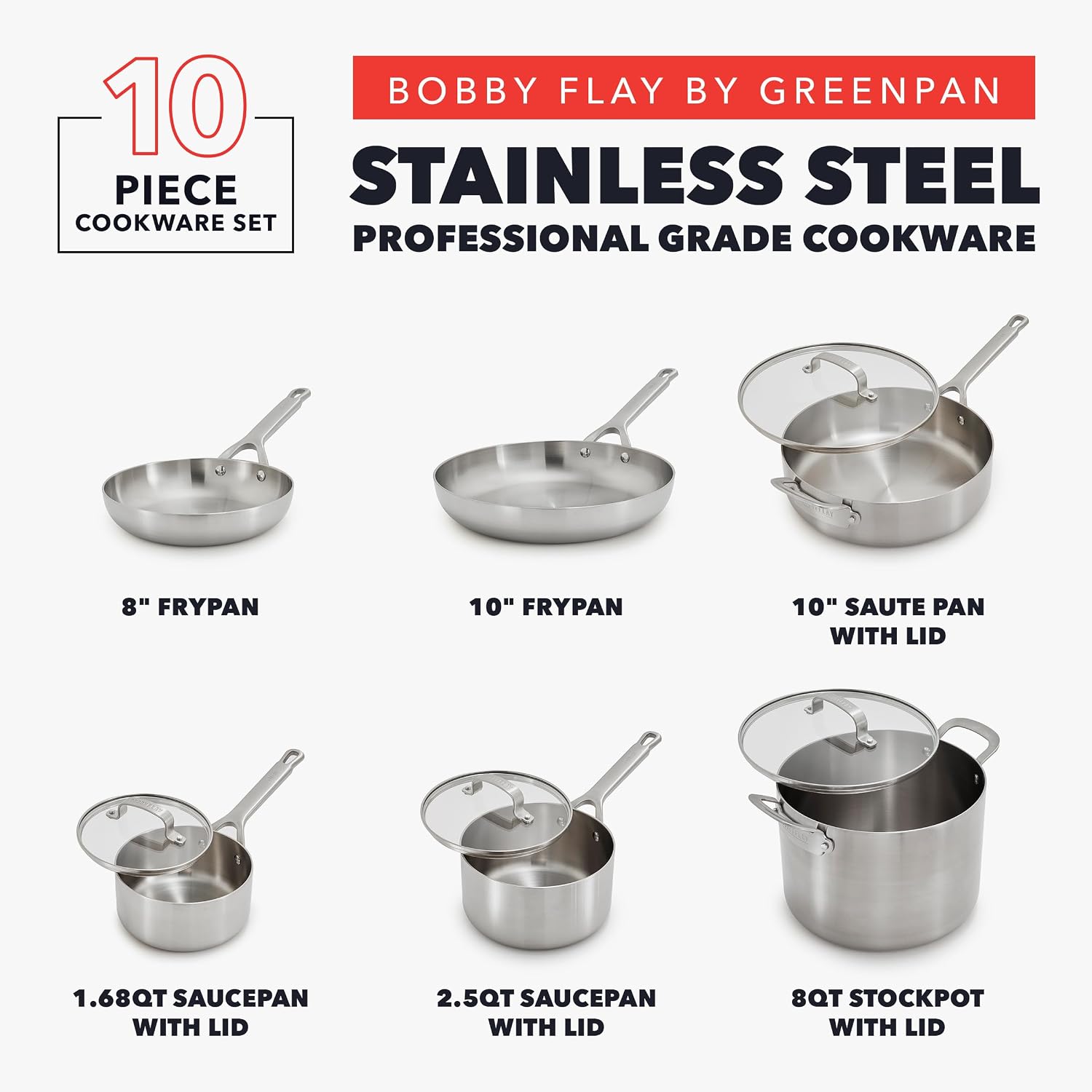 GreenPan x Bobby Flay 10 Piece Stainless Steel Cookware Set, Tri-Ply Multiclad Pots & Pans, Professional Grade, Oven & Broiler Safe to 600°F, Dishwasher Safe, Durable, Induction Compatible, Silver
