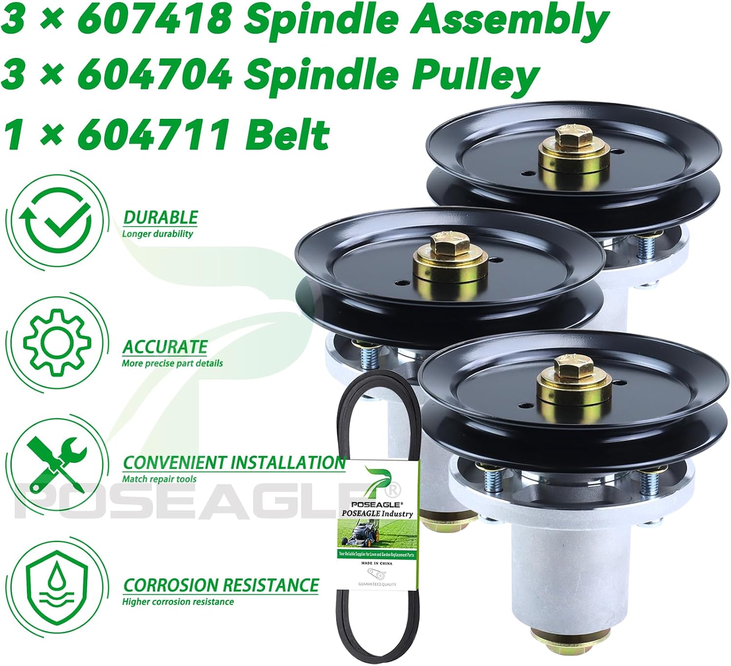 3 Pack 607418 Spindle Assembly with 604704 Spindle Pulley 604711 Belt Replaces Hustler 601804 Spindle Assembly for Hustler Raptor SD 60 Deck Spindles, Hustler 60 inch Mower Deck Spindles