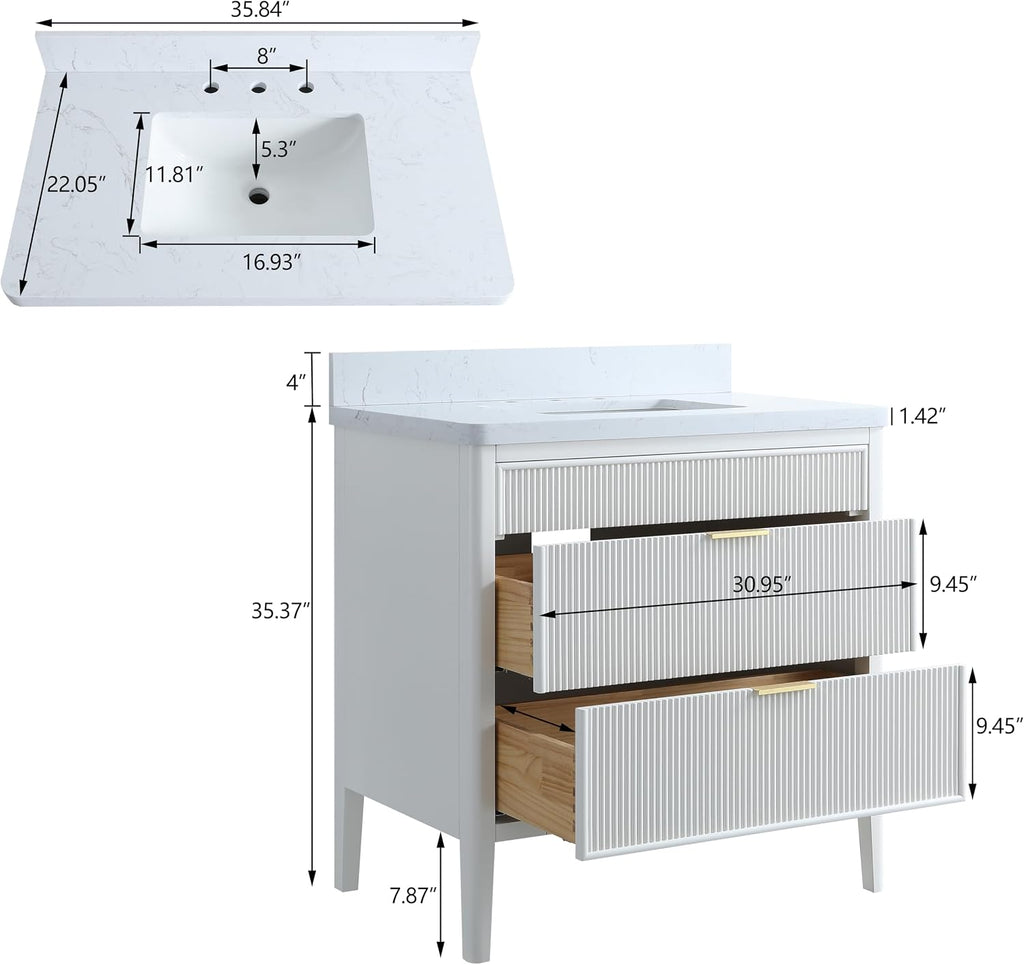 36-Inch Fully Assembled Freestanding Single Sink Bathroom Vanity, 2 Handle Sets (Silver/Gold), Engineered Carrara Marble Top & Solid Rubber Wood, White