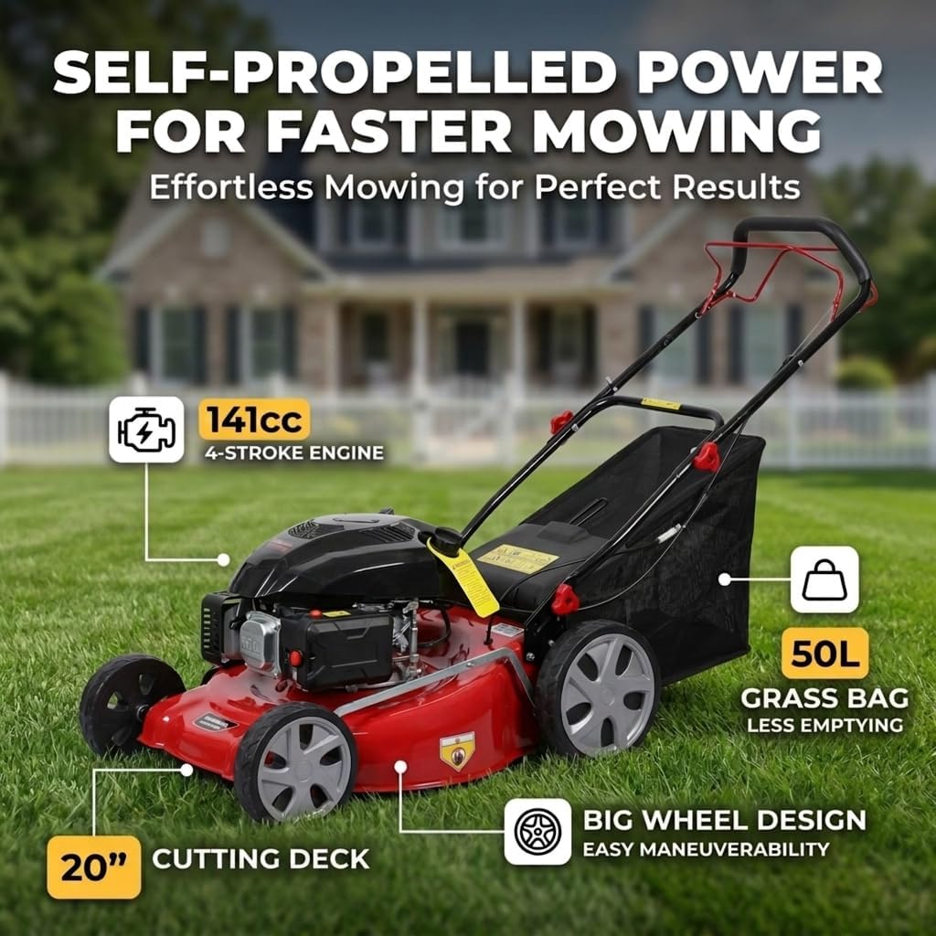 Self Propelled Gas Lawn Mower, 141cc 4-Stroke Engine, 20-Inch Walk-Behind Mower, 3-in-1 Mulching, Side Discharge & Rear Bagging, 7-Position Height Adjustment, 13.2-Gallon Grass Bag, High Rear Wheels