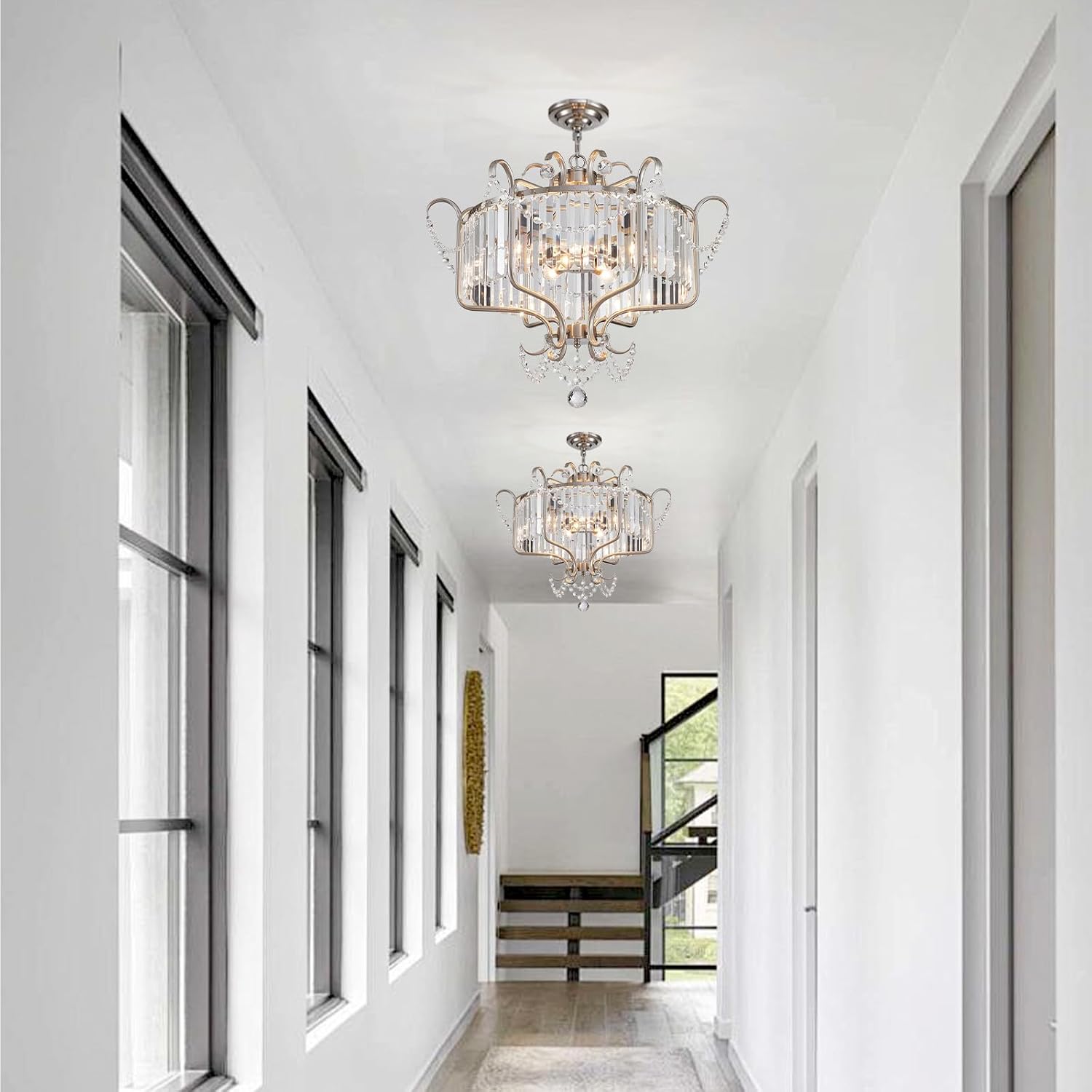 Modern Crystal Chandelier for Dining Room 24' Brushed Nickel Light Fixtures 6-Light Farmhouse Pendant Lighting for Kitchen Island Bedroom Hallway Entryway