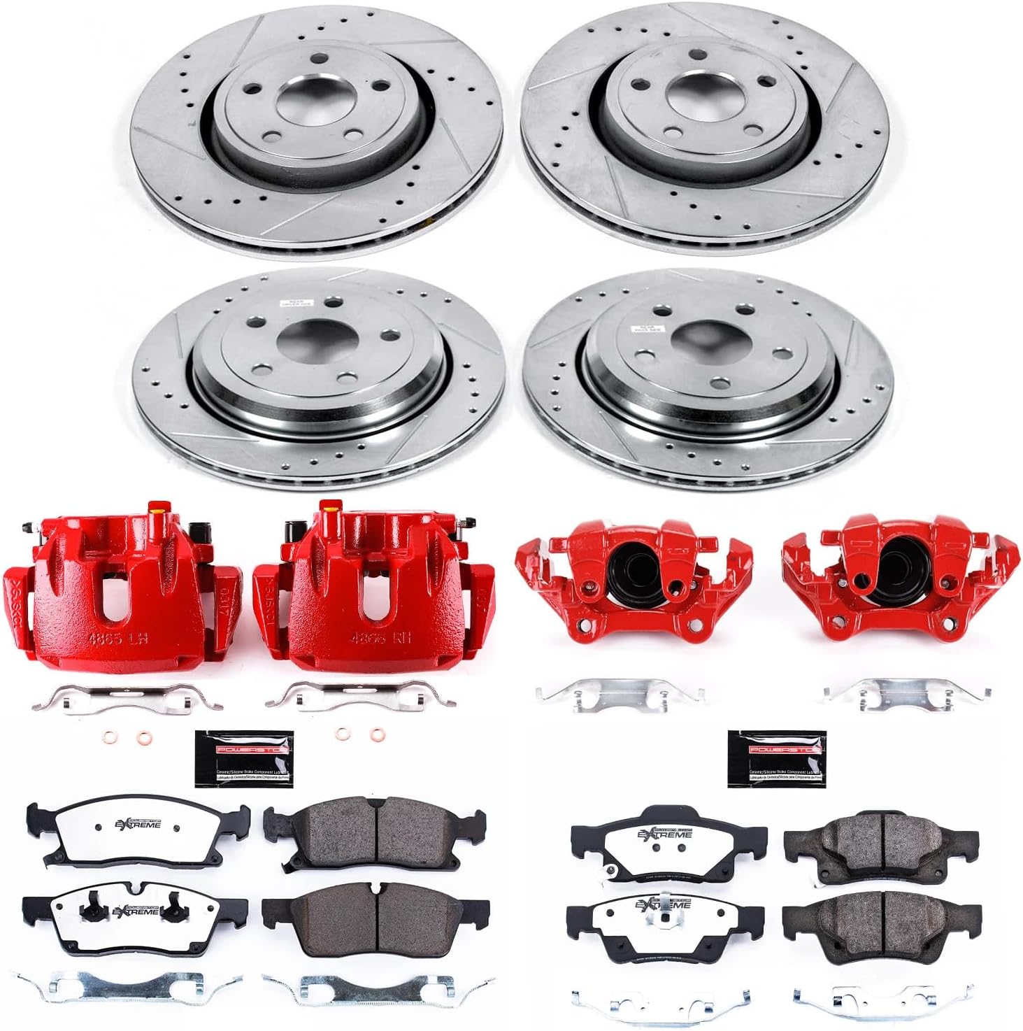 PowerStop Front and Rear Brake & Caliper Kit for Dodge Durango 2011-17 | Jeep Grand Cherokee 2011-12 - Drilled & Slotted Disc Rotors + Z36 Brake Pads + Red-Powder Coated Calipers, KC5955-36