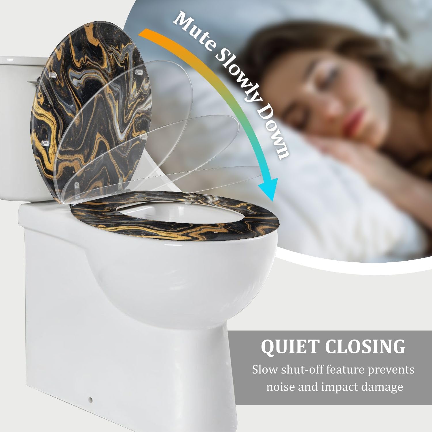 Round Toilet Seat marble ink paper texture black silver gold Resin Toilet Seat Quietly Close Quick Release Hinges Decorative Toilet Seat with Cover Easy to Install