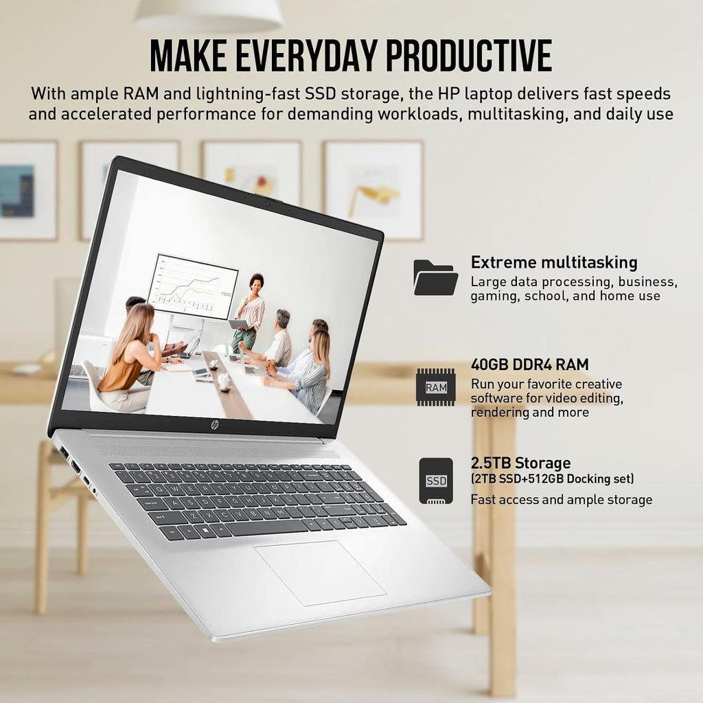 HP 17 Touchscreen Laptop Computer, 17.3' HD+ Touch Screen Business Laptop, Intel Core 7 (Faster Than i7-1355U), 40GB RAM 2TB SSD+512GB Docking Set, Windows 11 Pro, Backlit Keyboard, 10-Key Number Pad