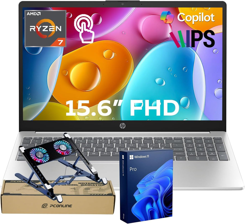 HP Touchscreen Laptop, AMD Ryzen 7 7730U(8-Cores, Beats i7-1355U) 16GB RAM 512GB SSD, 15.6' FHD IPS Display, Windows 11 Pro Wi-Fi 6 Webcam for Performance & Business, Bundle with PCO Laptop Cooler