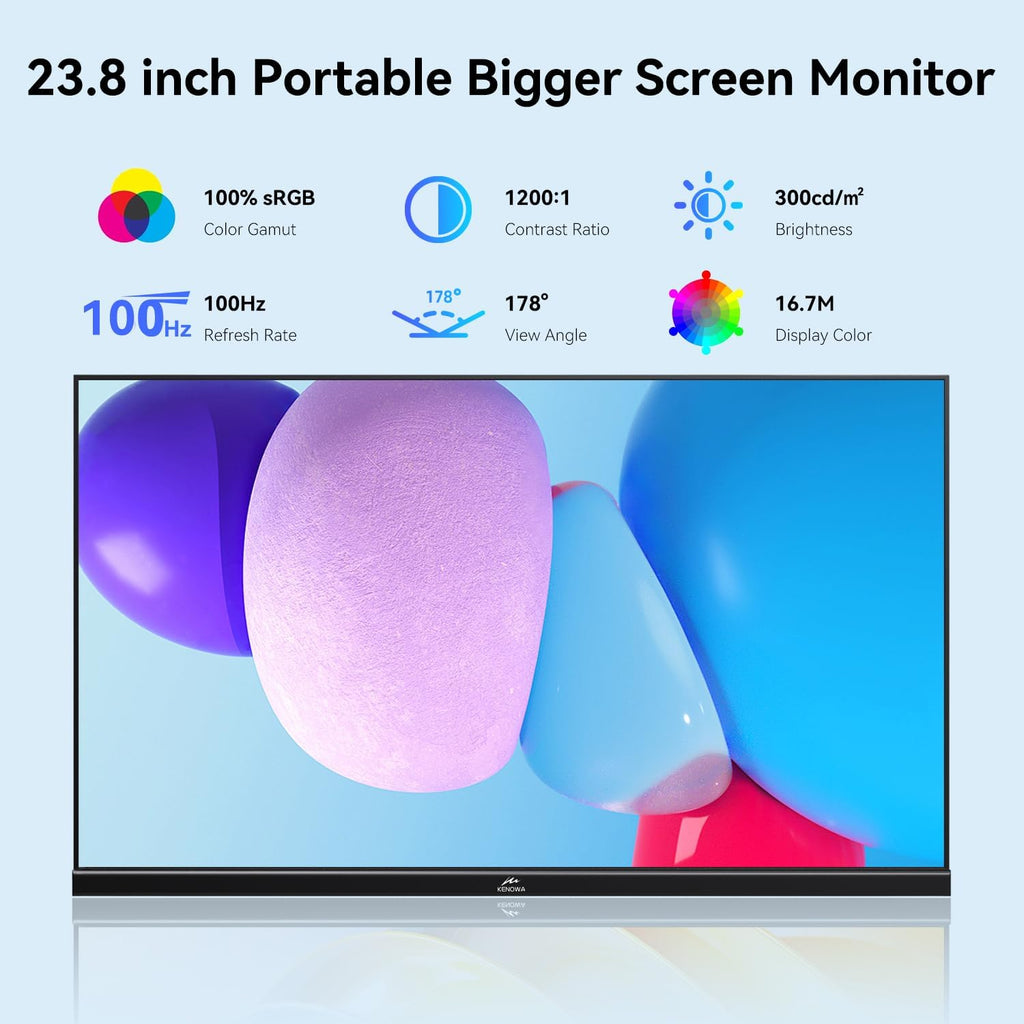 Kenowa 23.8' Large Portable Monitor 100Hz IPS FHD 1080P Freesync USB-C HDMI Gaming Monitor, External Display Dual Speakers Adjustable Stand for PC,Laptop,Mac,Phone,Game Consoles