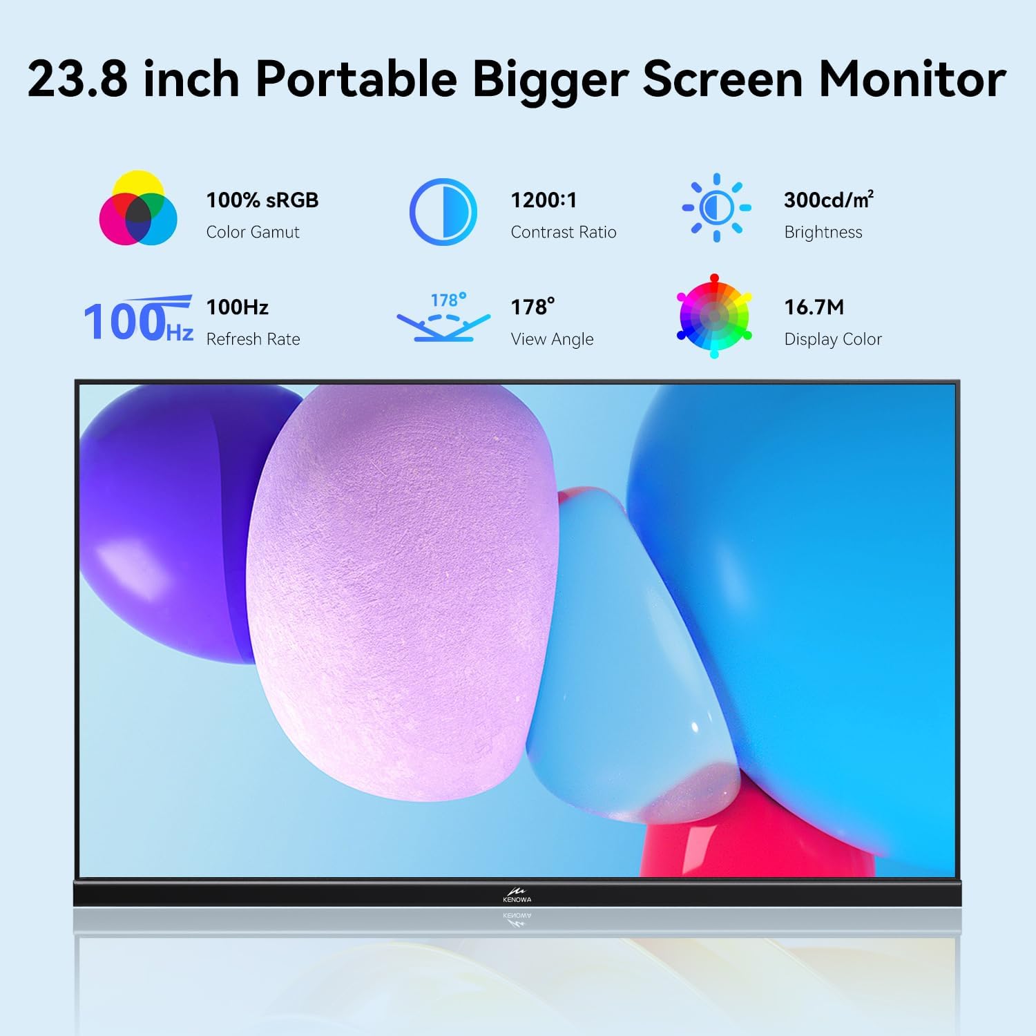 Kenowa 23.8' Large Portable Monitor 100Hz IPS FHD 1080P Freesync USB-C HDMI Gaming Monitor, External Display Dual Speakers Adjustable Stand for PC,Laptop,Mac,Phone,Game Consoles