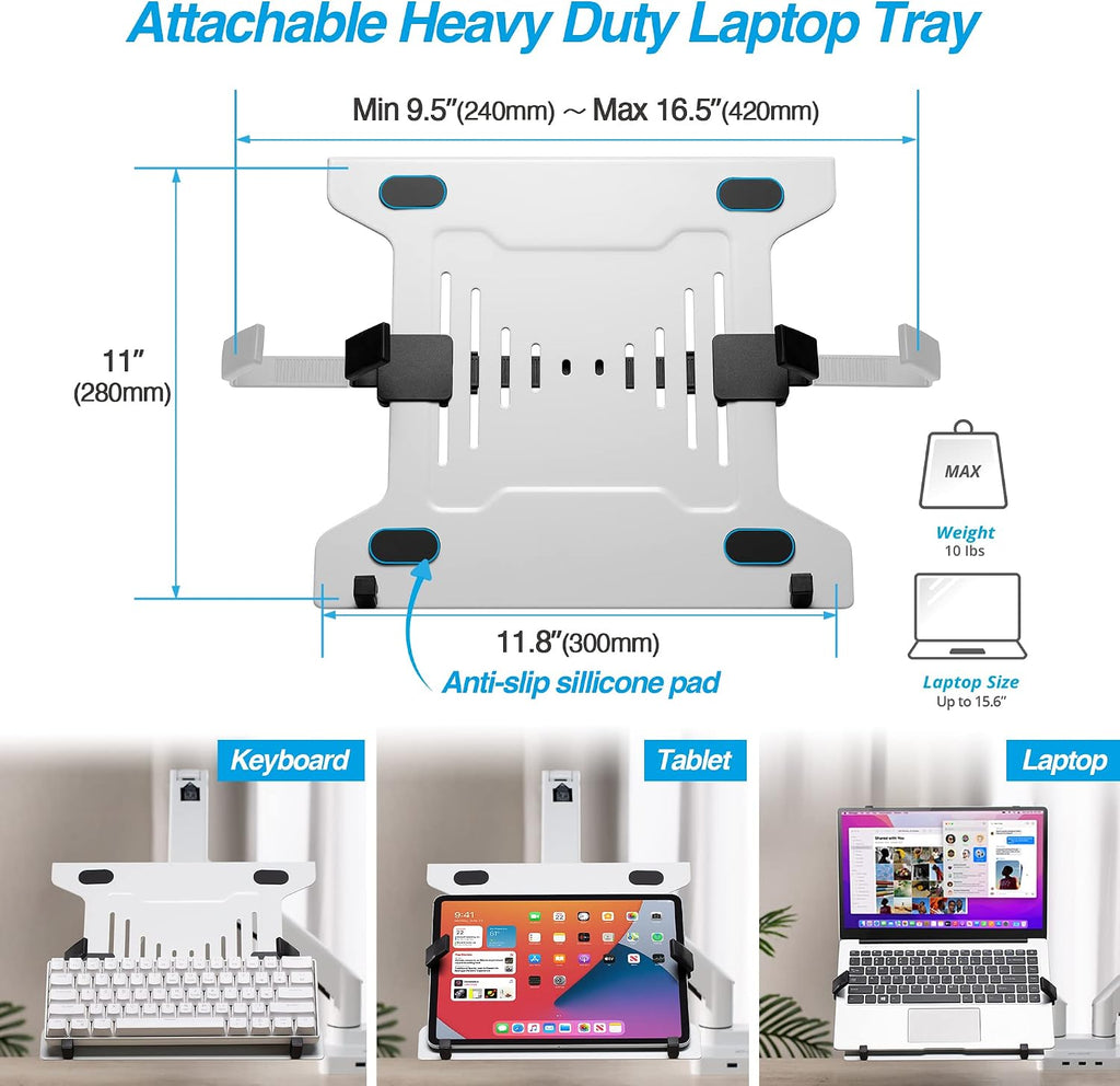 AVLT Dual 17'-43' Monitor Arm Desk Mount with 15' Laptop Tray and USB-C&A Docking Station 5Gbps, HDMI 4K60Hz, Ethernet, 100W PD, Fits Two Flat/Curved Monitor - White