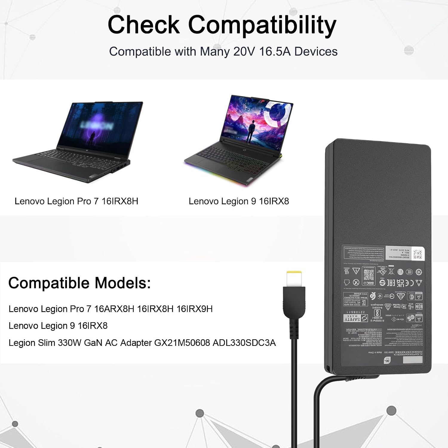 330W Charger Compatible with Lenovo Legion 9 7 7i 9i pro Y9000 Y7000 RXT 4090 4080 4070 Laptop Power Adapter GX21M50608 ADL330SDC3A