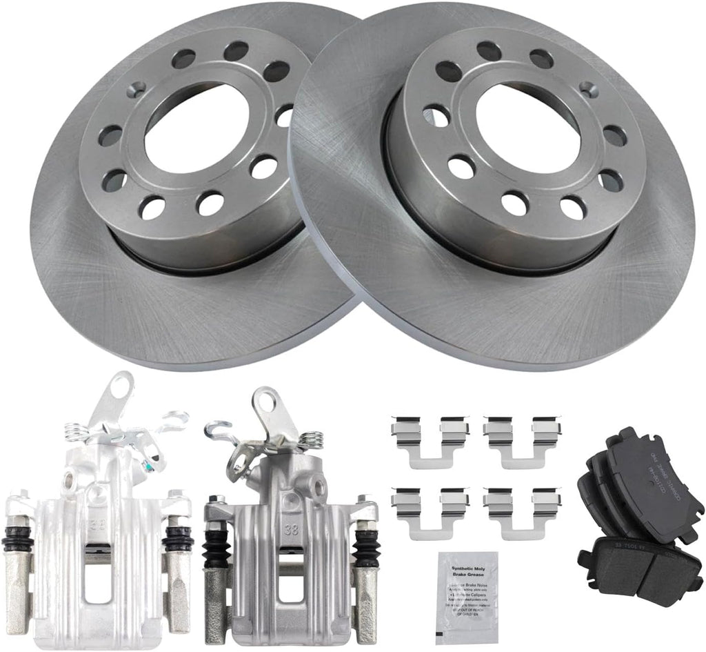 TRQ Rear Brake Pad and Rotor Set Ceramic Rotors Calipers Hardware Compatible with 2010 Audi A3 A3 Quattro Volkswagen Golf