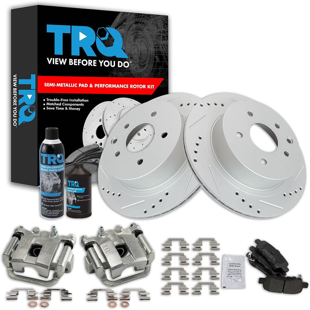 TRQ Rear Performance Brake Pad, Caliper, & Rotor Kit, with Chemical Kit Semi-Metallic Premium G-Coated Compatible with 2008-2013 Nissan Rogue 2014-2015 Rogue Select