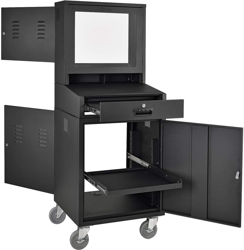 Global Industrial Mobile Security LCD Computer Cabinet Enclosure for 24' Diagonal Monitors, Steel Construction, Black Powder Coat Finish, 24-1/2'W x 22-1/2'D x 62-3/4'H
