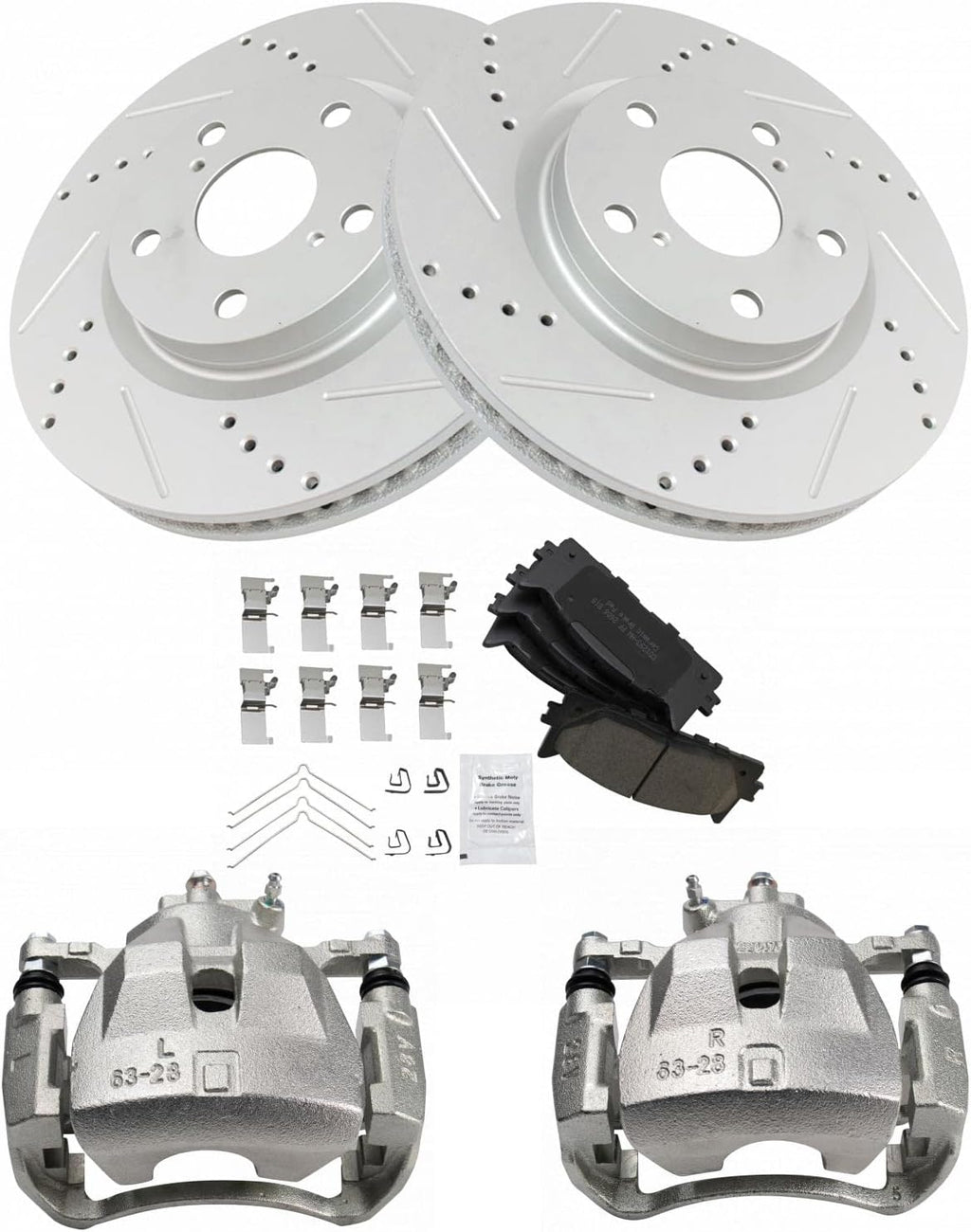 TRQ Performance Front Brake Pad and Rotor Set Ceramic Vented Coated Drilled Slotted Rotors Calipers Compatible with 2007-2012 Lexus ES350 2007-2011 Toyota Camry