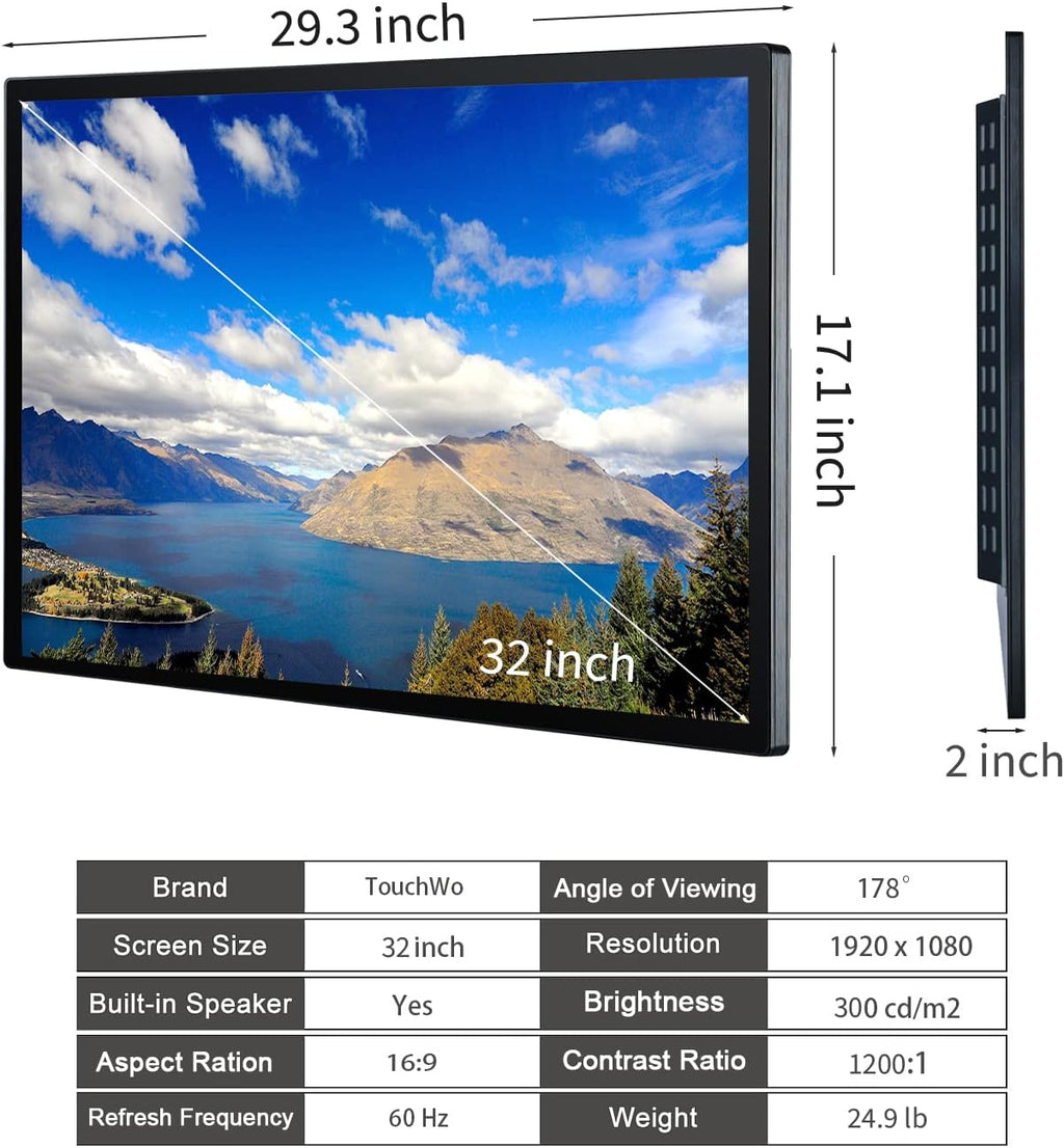 32 inch Capacitive Multi-Touch Screen Industrial Monitor, 16:9 Display 1920 x 1080P, Built-in Speakers, USB, VGA, DVI & HD-MI Ports, Digital Signage Displays and Player for Advertising