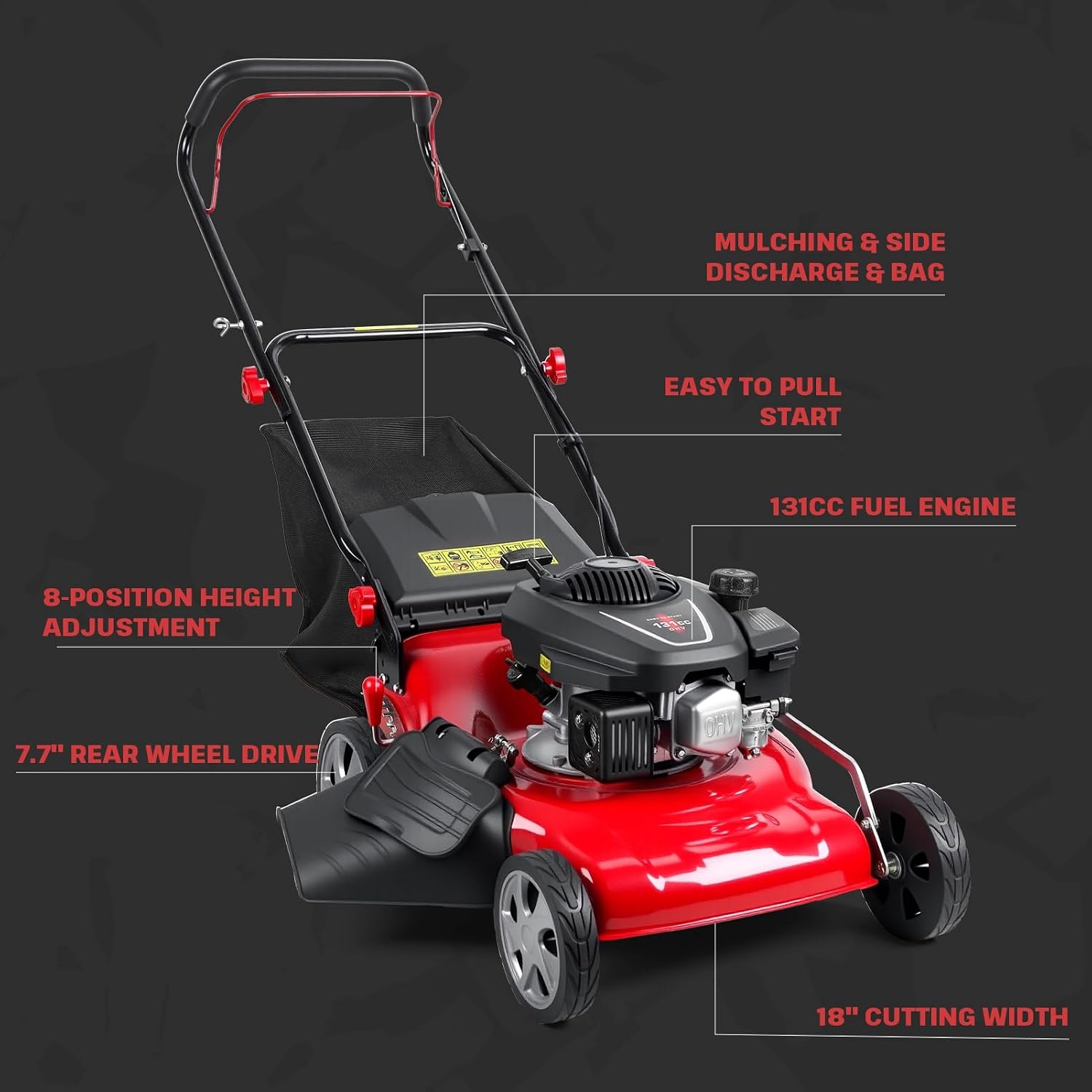 Gas Lawnmower, 3 in 1 3-in-1 Push Lawnmower with Bagging, Mulching & Side Discharge, 131cc Gas Mower Self Propelled, Push Lawn Mower with 50l Grass Tank, Big Wheels Red