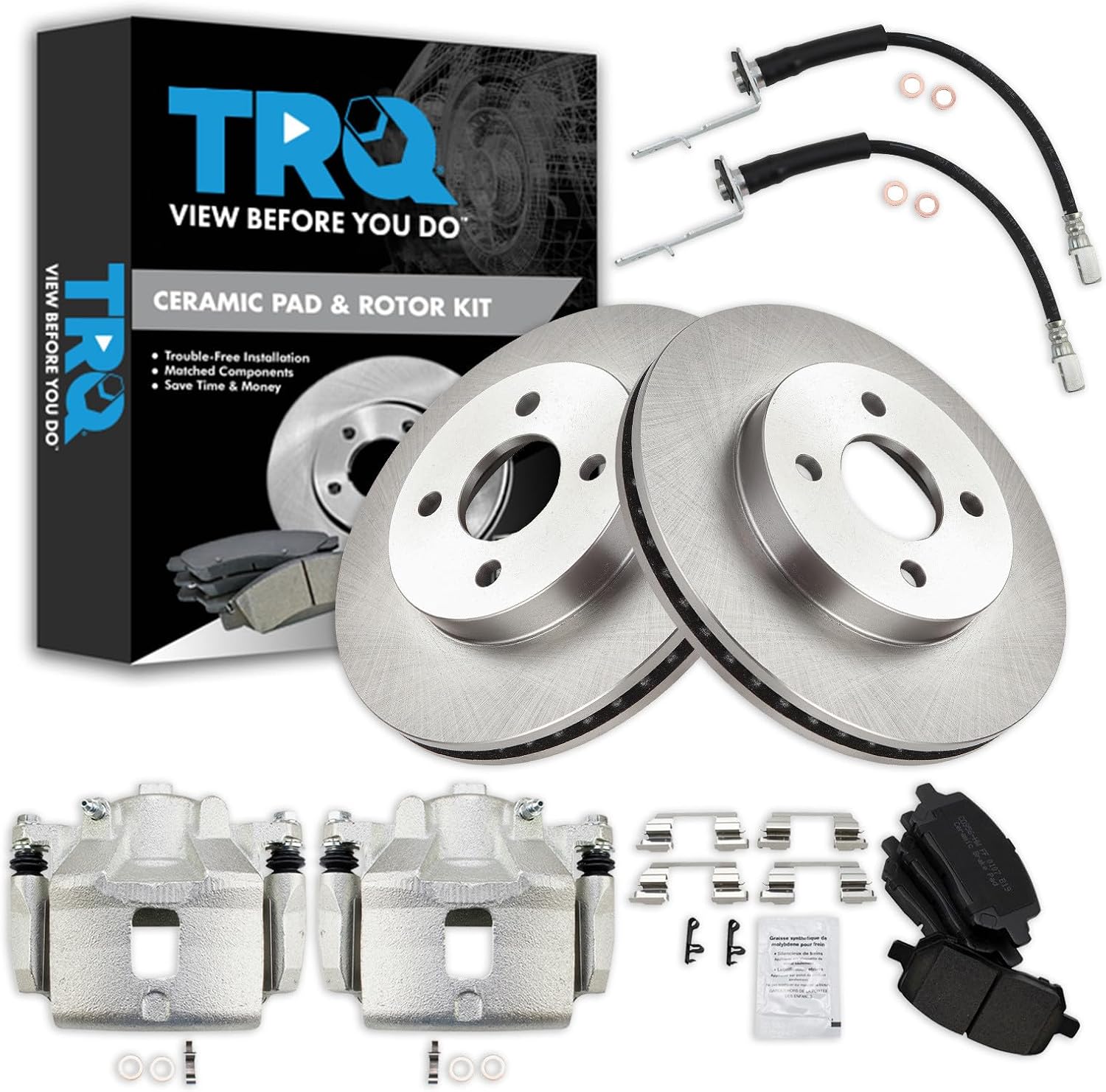 TRQ Front Brake Pad and Rotor Set Ceramic Rotors Calipers Hoses Compatible with 2007-2010 Chevrolet Cobalt 2007-2009 Pontiac G5 2003-2007 Saturn Ion
