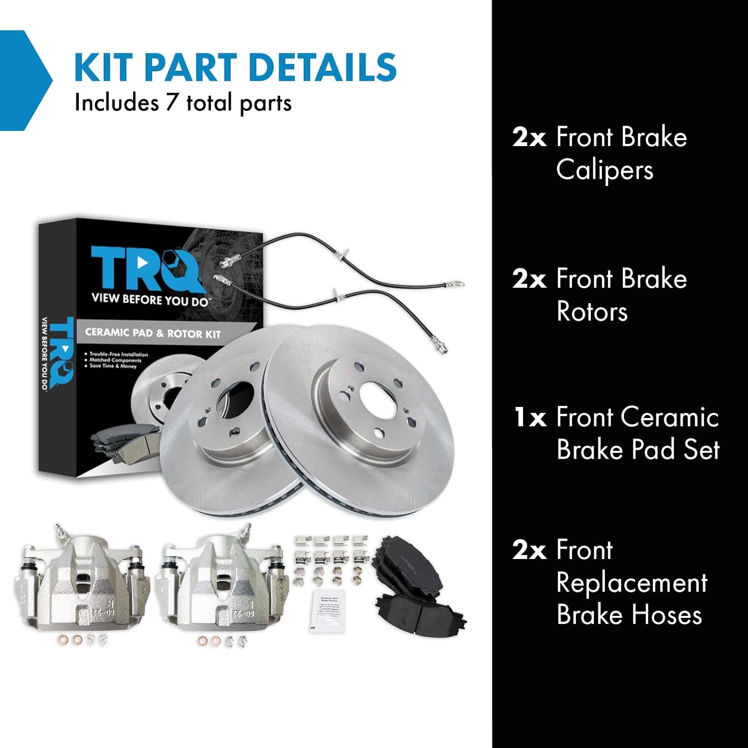 TRQ Front Brake Pad and Rotor Set Ceramic Rotors Calipers Hoses Compatible with 2009-2010 Pontiac Vibe 2009-2018 Toyota Corolla 2009-2013 Matrix
