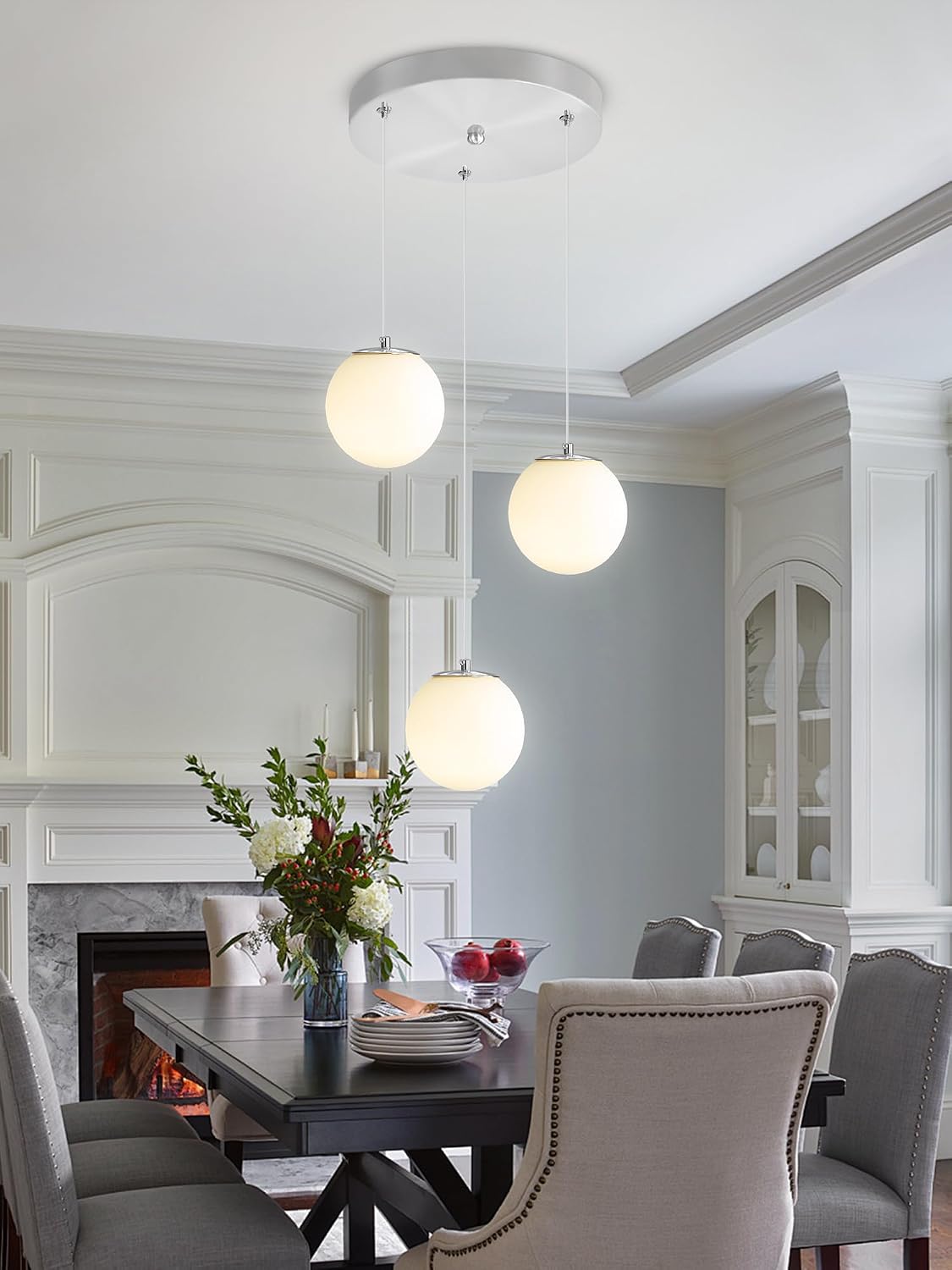 ykolupty 3-Light Globe Pendant Light for Kitchen Island Silver Pendant Light Fixtures with White Glass Globe Hanging Lights for Bedroom,Hallway,Bar