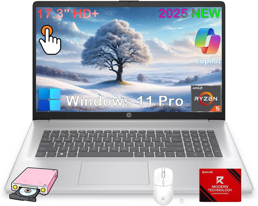 HP 17 inch Touchscreen Laptop Computer - AMD Ryzen 5 7430U(Up to 4.3GHz), 17.3' HD+ AntiGlare Display, 32GB RAM, 1TB SSD, Copilot, HP Fast Charge, HD Camera, Wi-Fi6, Win11 Pro, Patented Redragon Kit