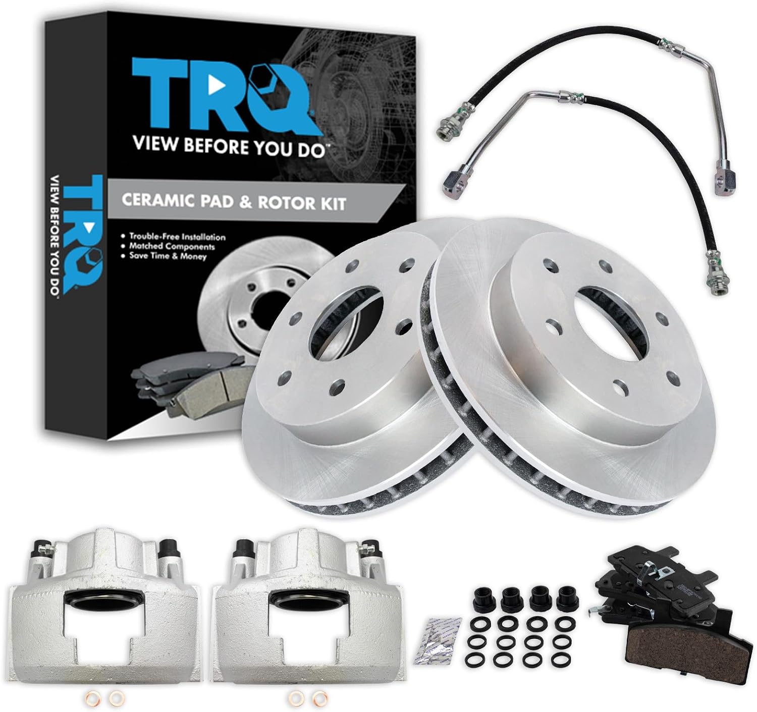 TRQ Front Brake Pad and Rotor Set Ceramic Calipers Hoses Compatible with 1999 Cadillac Escalade 1988-2000 Chevrolet K1500 K2500 Blazer Suburban Tahoe 1988-2000 GMC K1500 K2500 Suburban Yukon