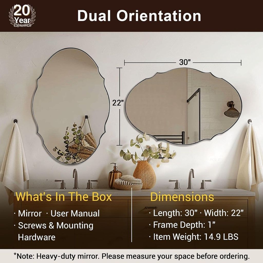 ANDY STAR Brushed Nickel Scalloped Oval Mirror 22x30, Silver Bathroom Mirror, Stainless Steel Oval Wall Mirror, Vintage Vanity Mirror for Double Sink, Powder Room, Entryway, Rust-Resistant