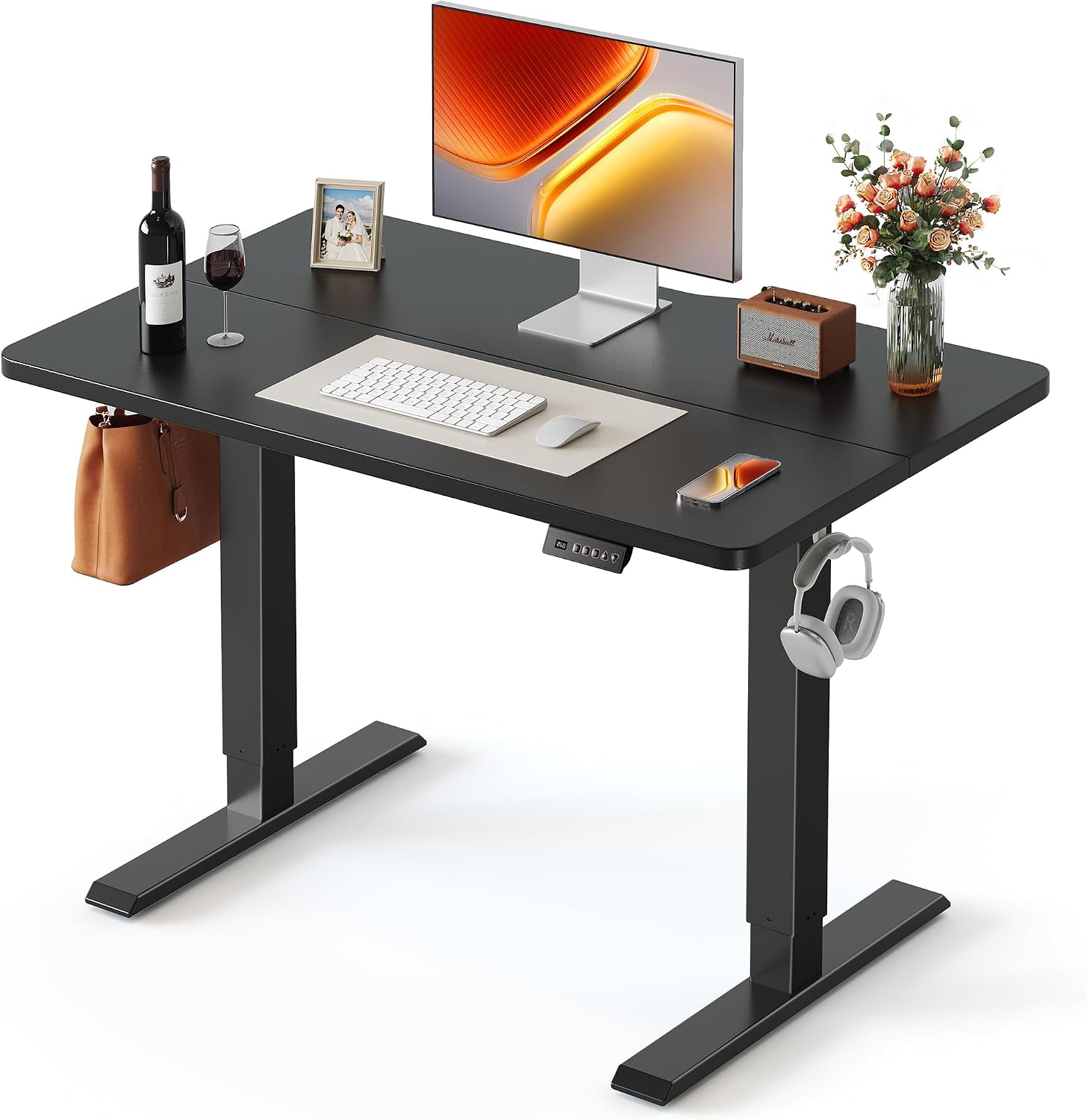 FEZIBO 40 x 24 Inchs Electric Standing Desk, Height Adjustable, Sit Stand Up, Computer Office Desk with Splice Board, Black Frame/Black Top