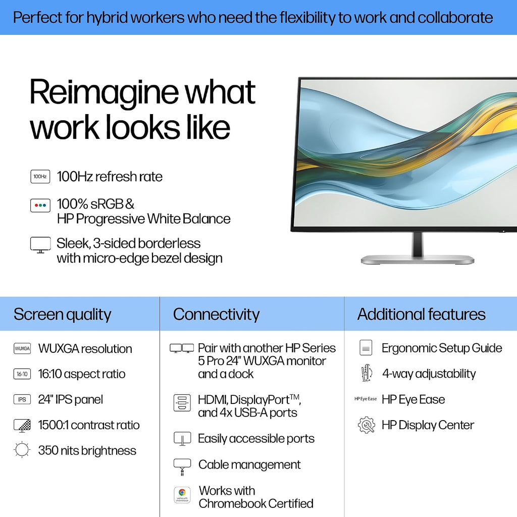 HP Series 5 Pro 524pn 24' 100Hz 300 Nits WUXGA IPS Monitor, Anti Glare, Flicker Free, VESA Mount, Adjustable Tilt, Swivel, Pivot & Dockztorm USB Port Expander, Black/Silver (9D9A7AA#ABA) 2 Pack