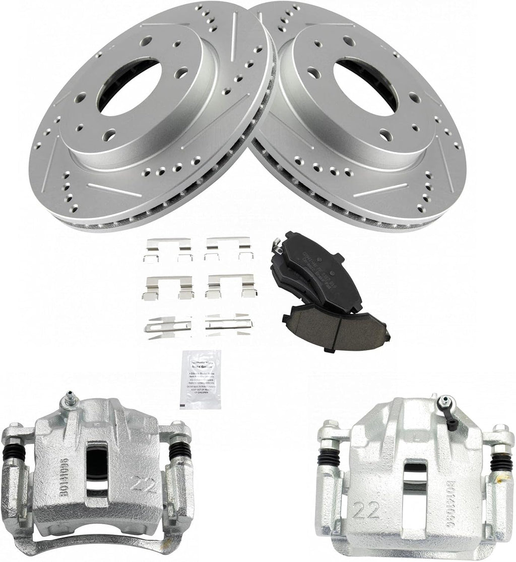 TRQ Performance Front Brake Pad and Rotor Set Ceramic Drilled Slotted Coated Rotors Calipers Compatible with 2002-2005 Hyundai Elantra