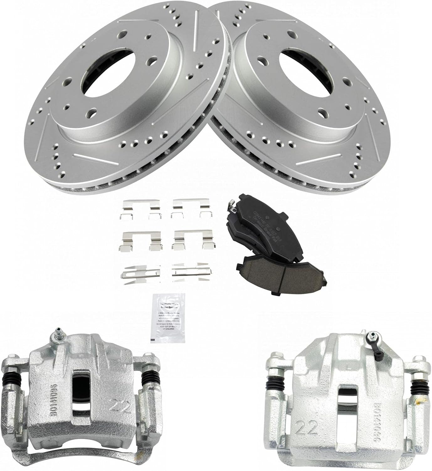 TRQ Performance Front Brake Pad and Rotor Set Ceramic Drilled Slotted Coated Rotors Calipers Compatible with 2002-2005 Hyundai Elantra