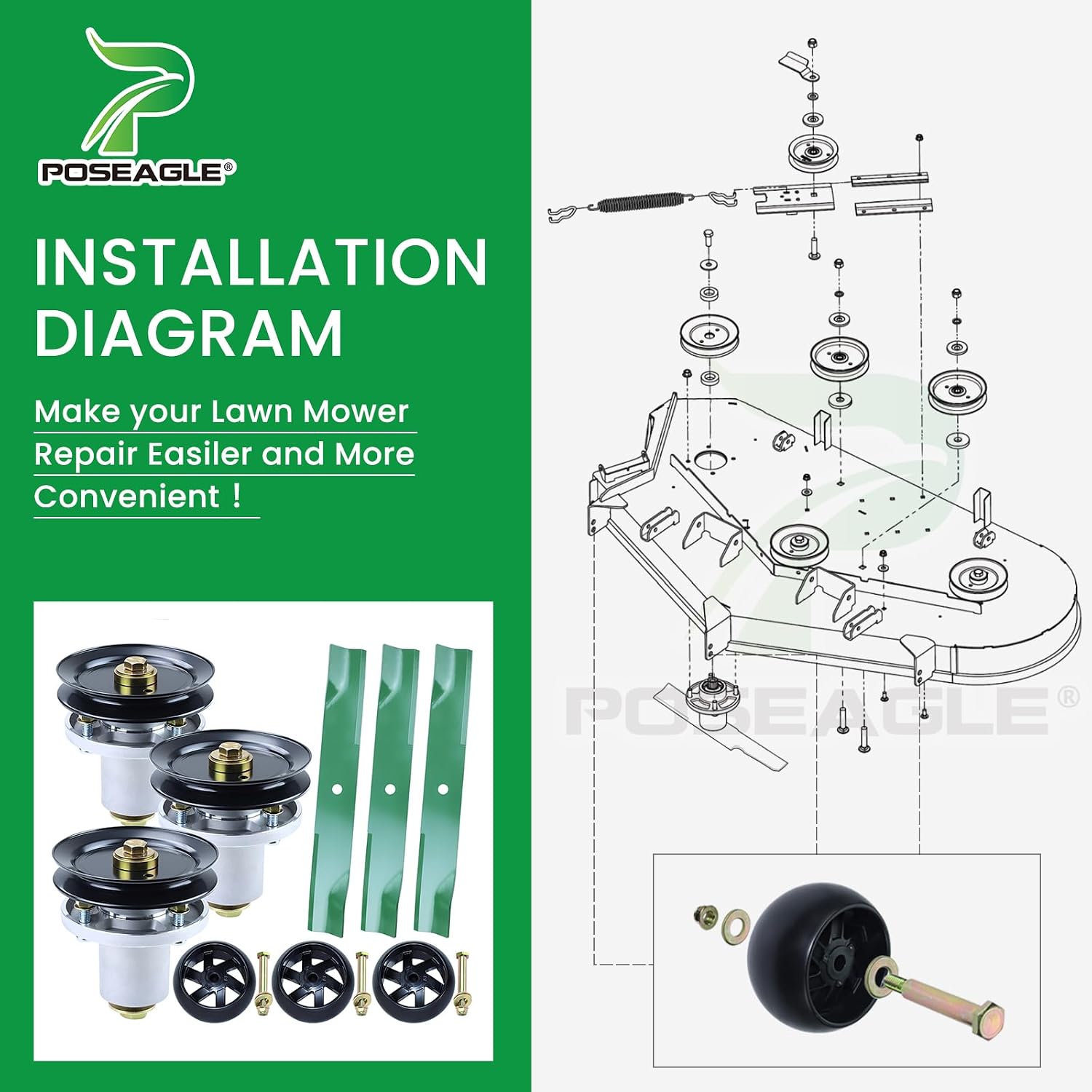 54 Inch Mower Deck Rebuild Kit for Hustler Raptor Flip-Up, Raptor SD 935833 936476 935833 Includes 3 Pack 601804 Spindle Assembly with 604664 Pulley 788166 Wheel 601124 Blade