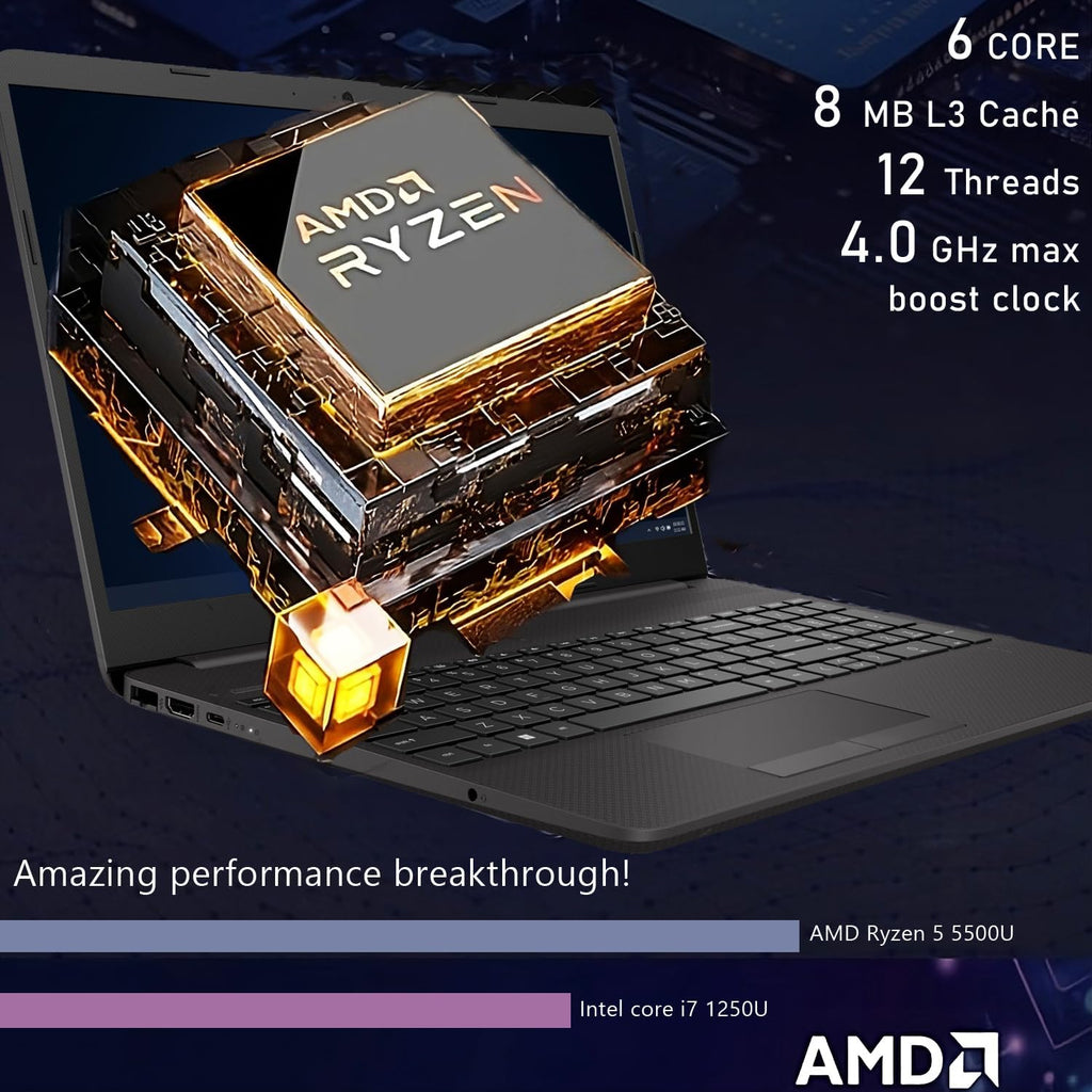 HP 15.6' FHD Laptop, Business & Fun, 16GB RAM, 512GB SSD, AMD Ryzen 5 5500U Processor(Beats i7-1250U), Ethernet RJ-45, SD Card Reader, WiFi 6, Windows 11 Pro, WOWPC Recovery USB