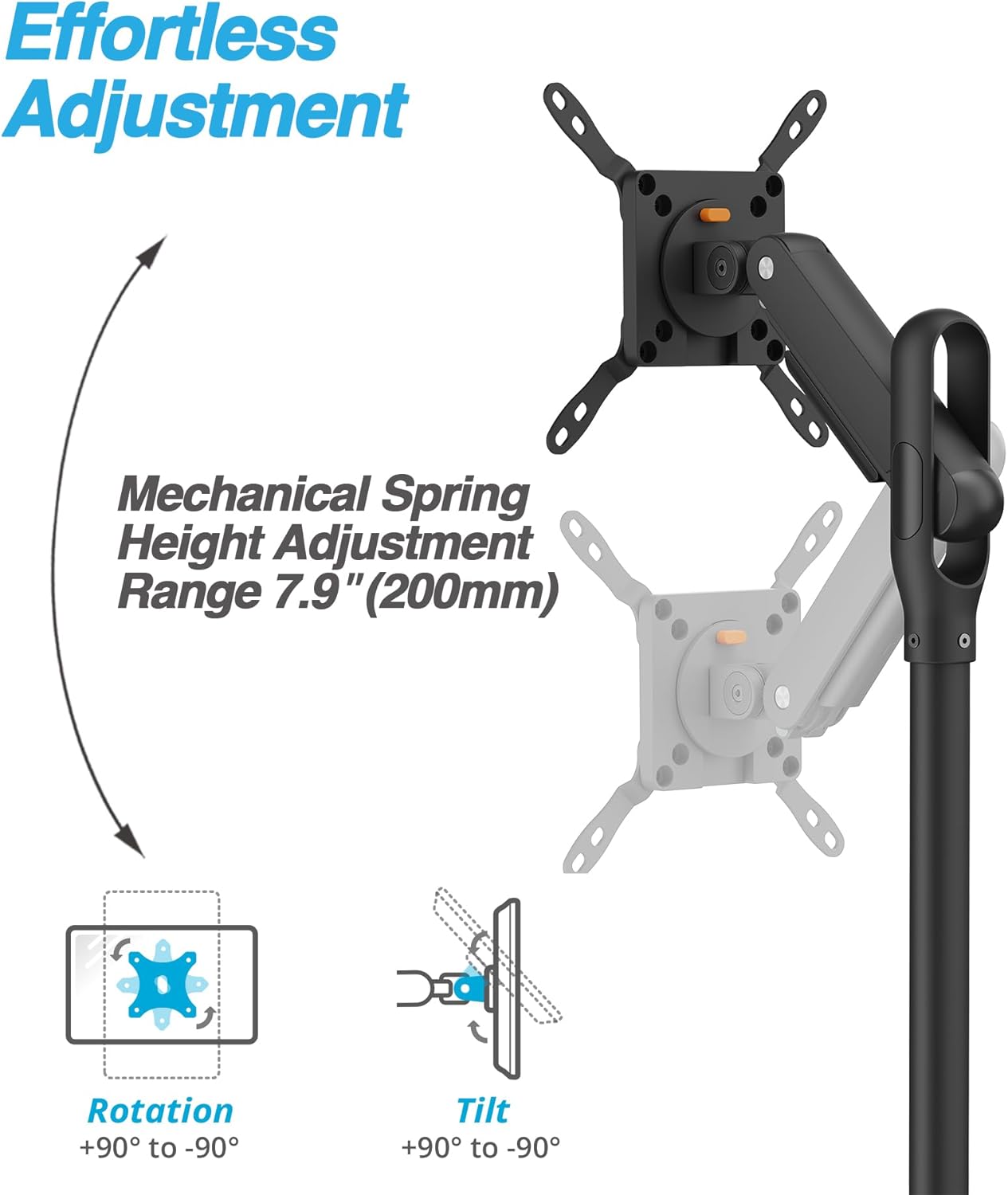 AVLT Single 17 to 43 Inch Portable Monitor Arm TV Rolling Stand with Heavy Base for Screens Up to 22 lbs, Mechanical Spring Height Adjustment, Screen Rotation, Mobile Low Profile Caster Wheel, Black
