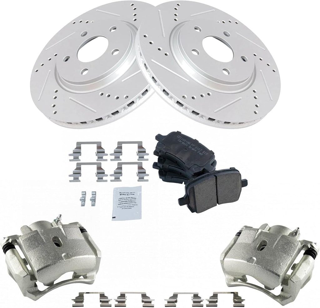 TRQ Performance Front Brake Pad and Rotor Set Ceramic Vented Coated Rotors Calipers Compatible with 2004-2008 Chevrolet Malibu 2006-2007 Pontiac G6