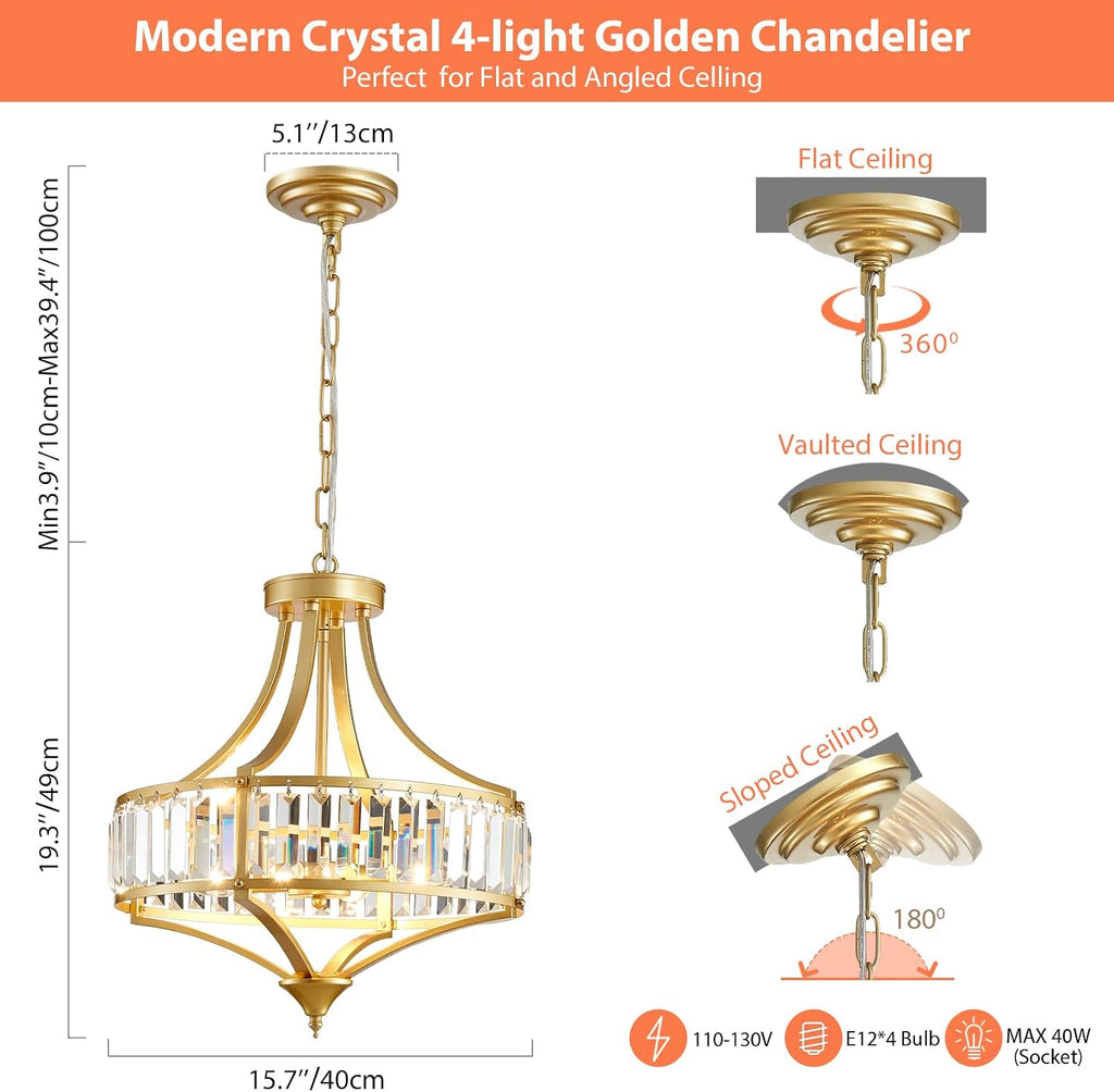 Gold Chandeliers for Dining Room Modern Round Crystal 4 Lights Rustic Pendant Lighting Fixture with Metal Lampshade for Living Room Hallway Bedroom Foyer